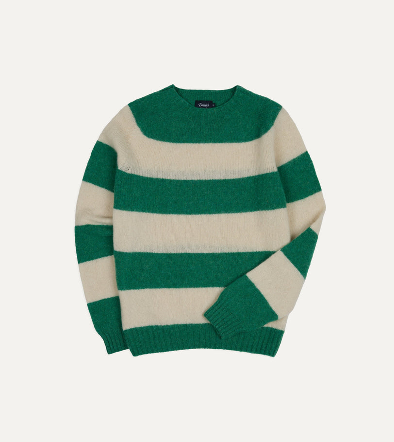 Green and Ecru Stripe Brushed Shetland Crew Neck Jumper