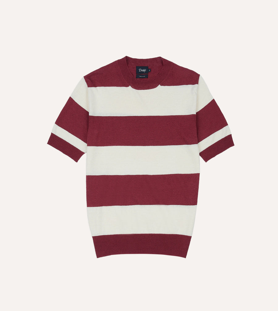 Ecru and Burgundy Stripe Crew Neck Knitted T-Shirt