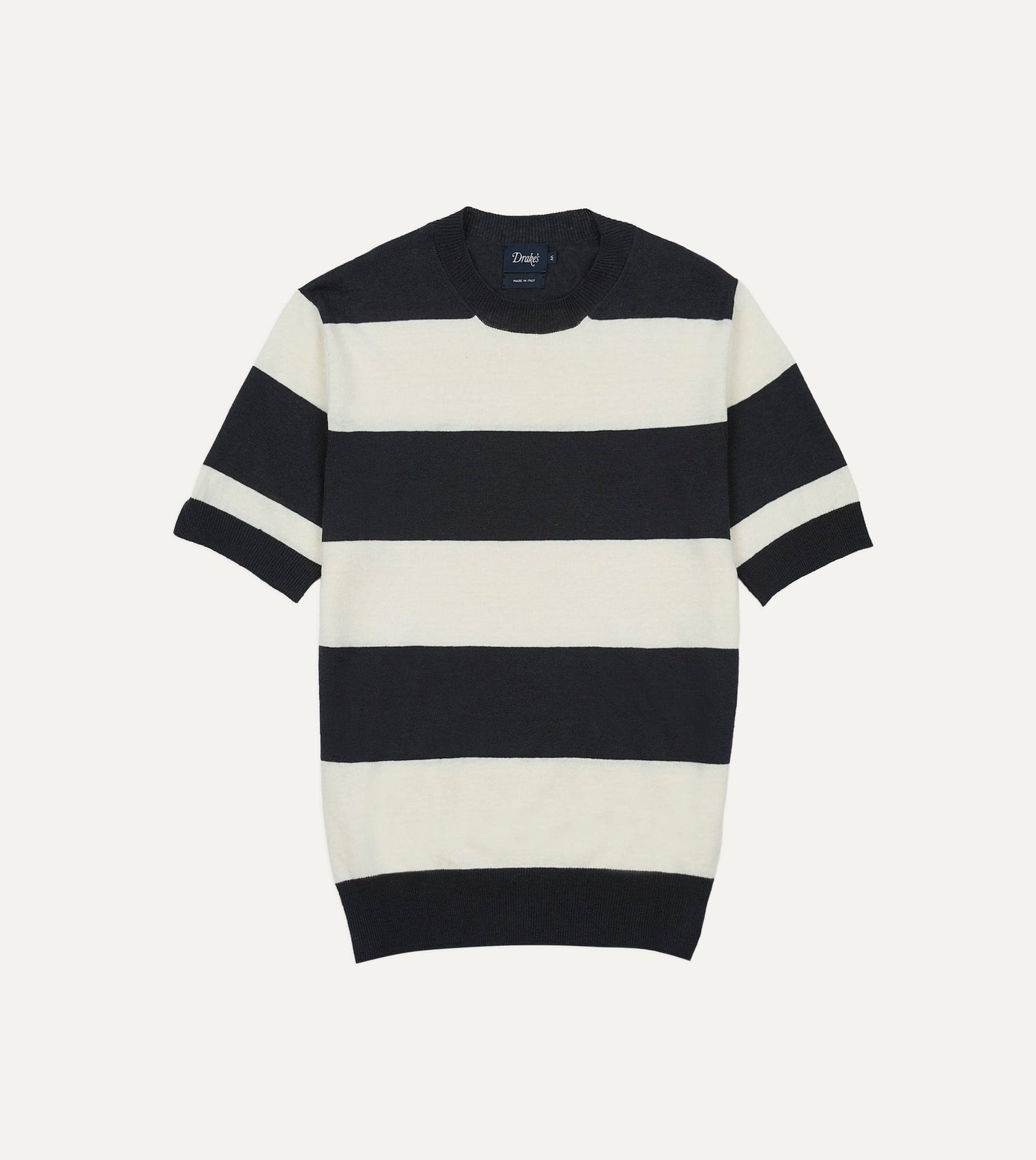 Ecru and Charcoal Stripe Crew Neck Knitted T-Shirt