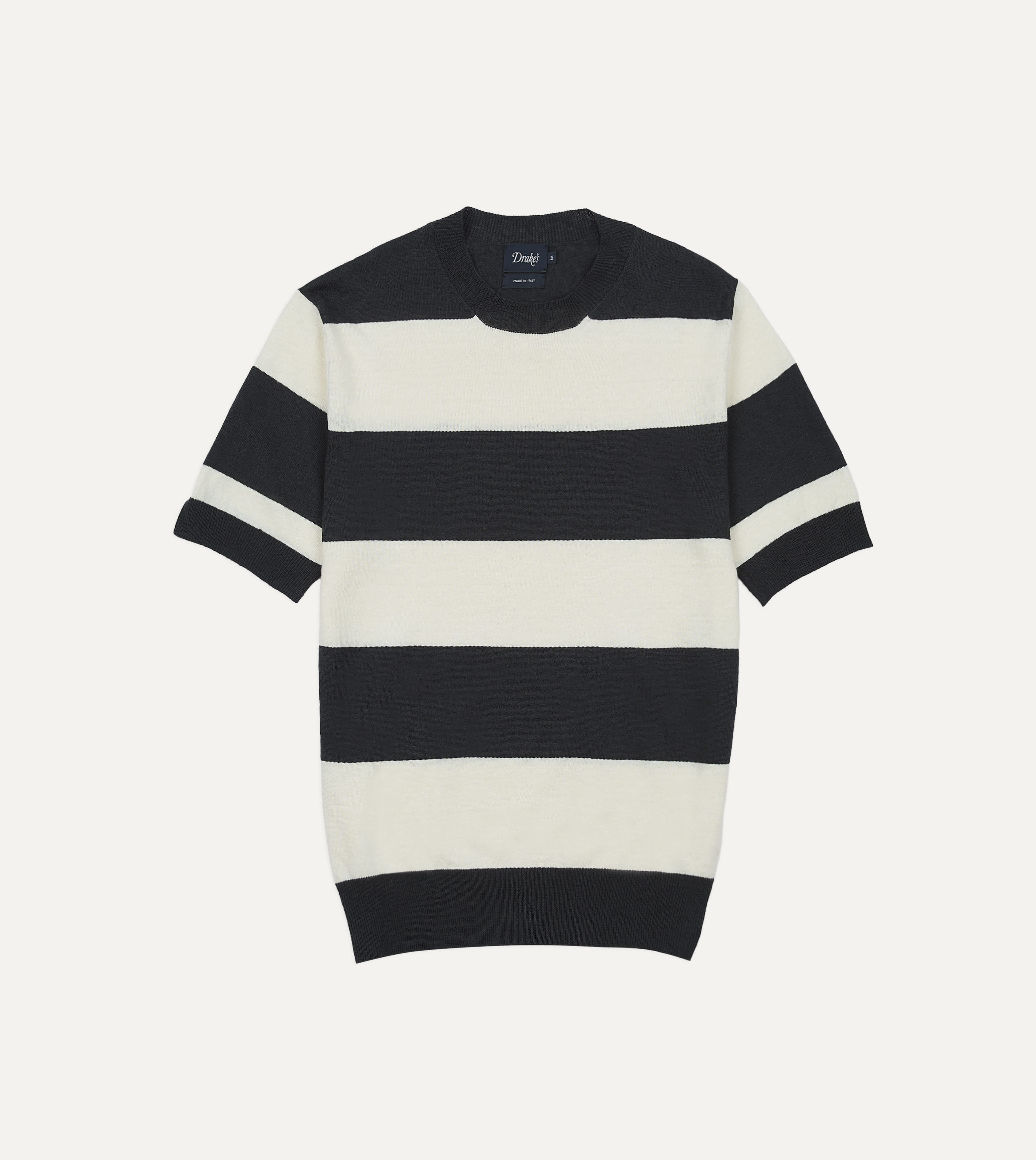 Ecru and Charcoal Stripe Crew Neck Knitted T-Shirt