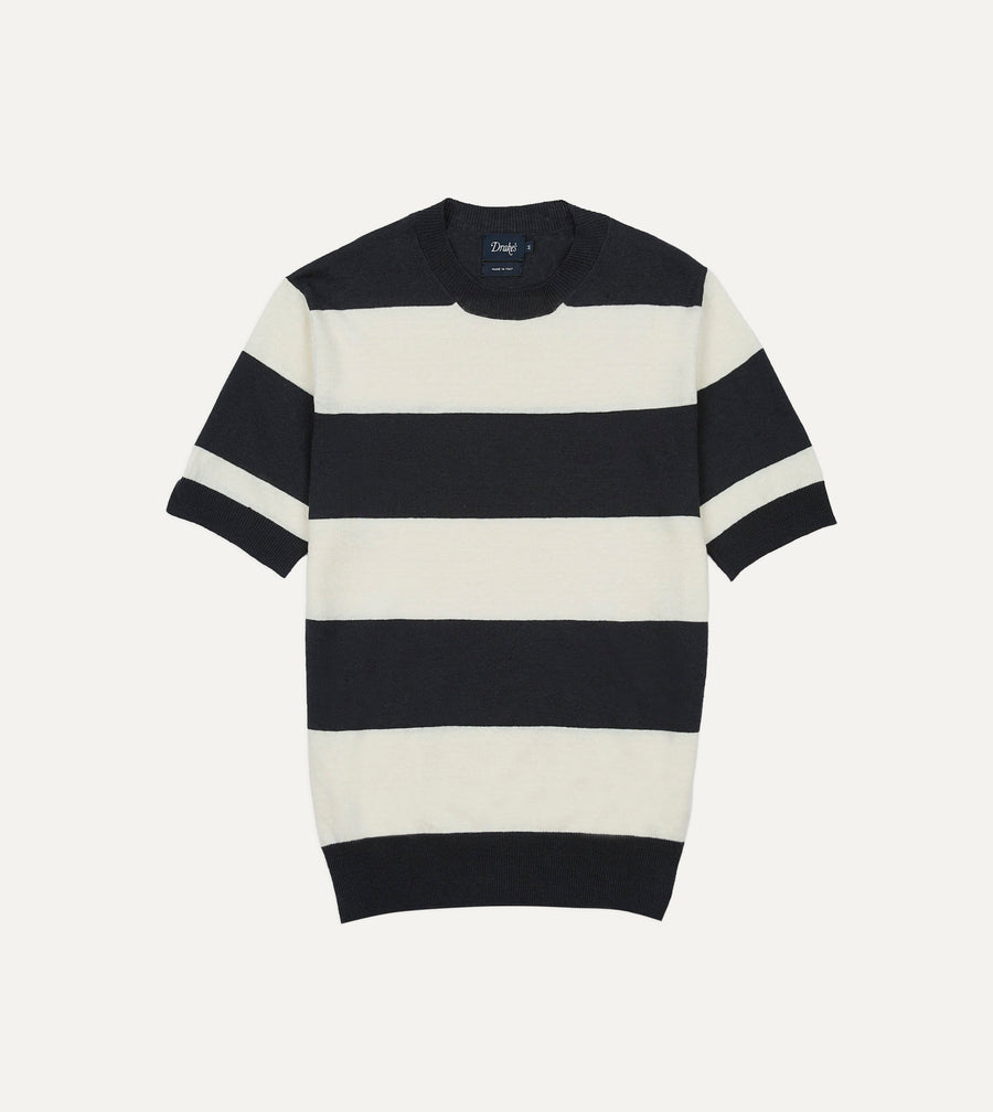 Ecru and Charcoal Stripe Crew Neck Knitted T-Shirt