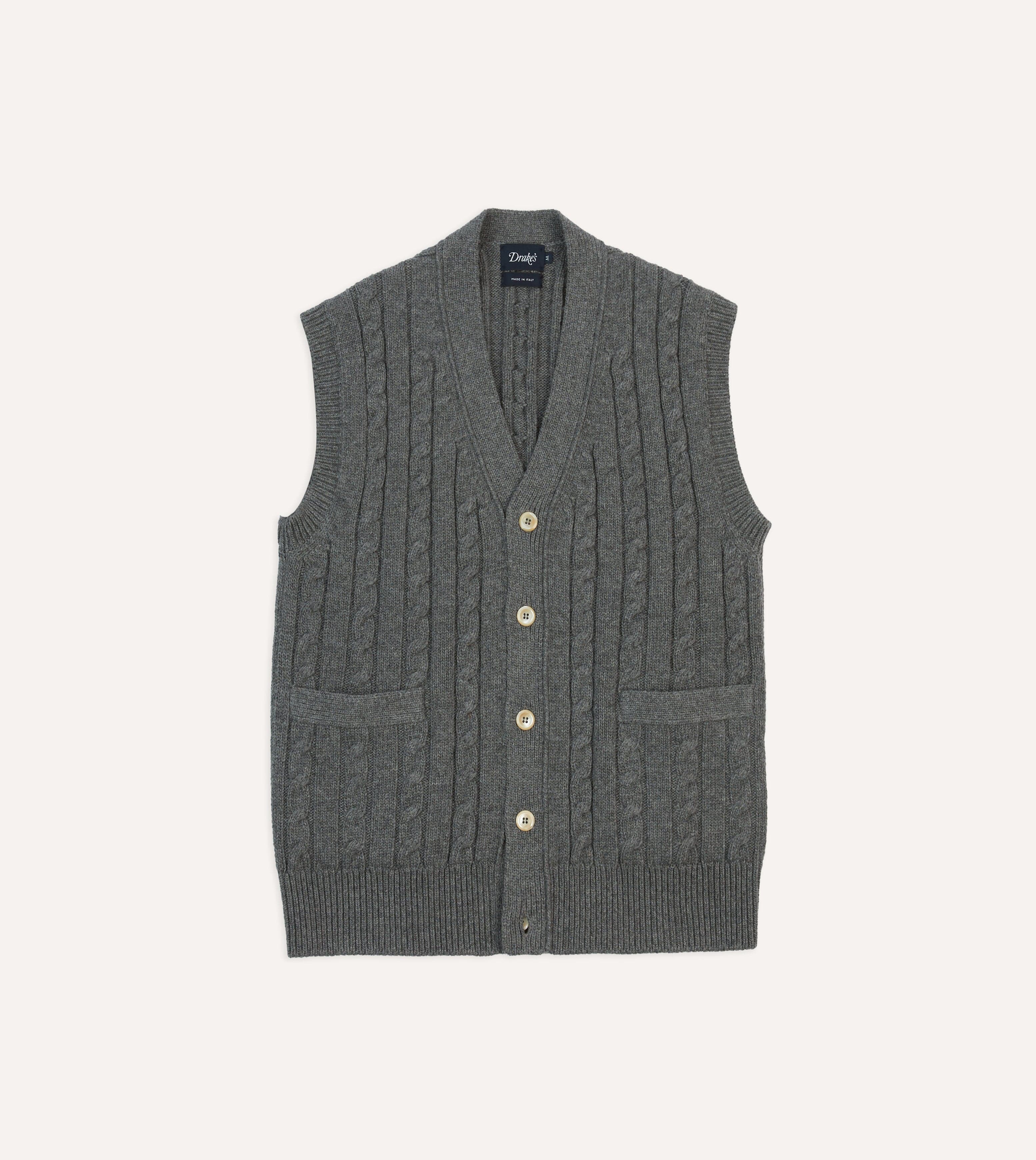 Grey Alpaca Lambswool Cable Knit Sleeveless Cardigan