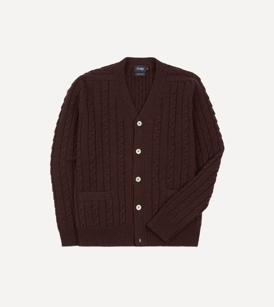 Brown Lambswool 6 Button Cable Knit Cardigan