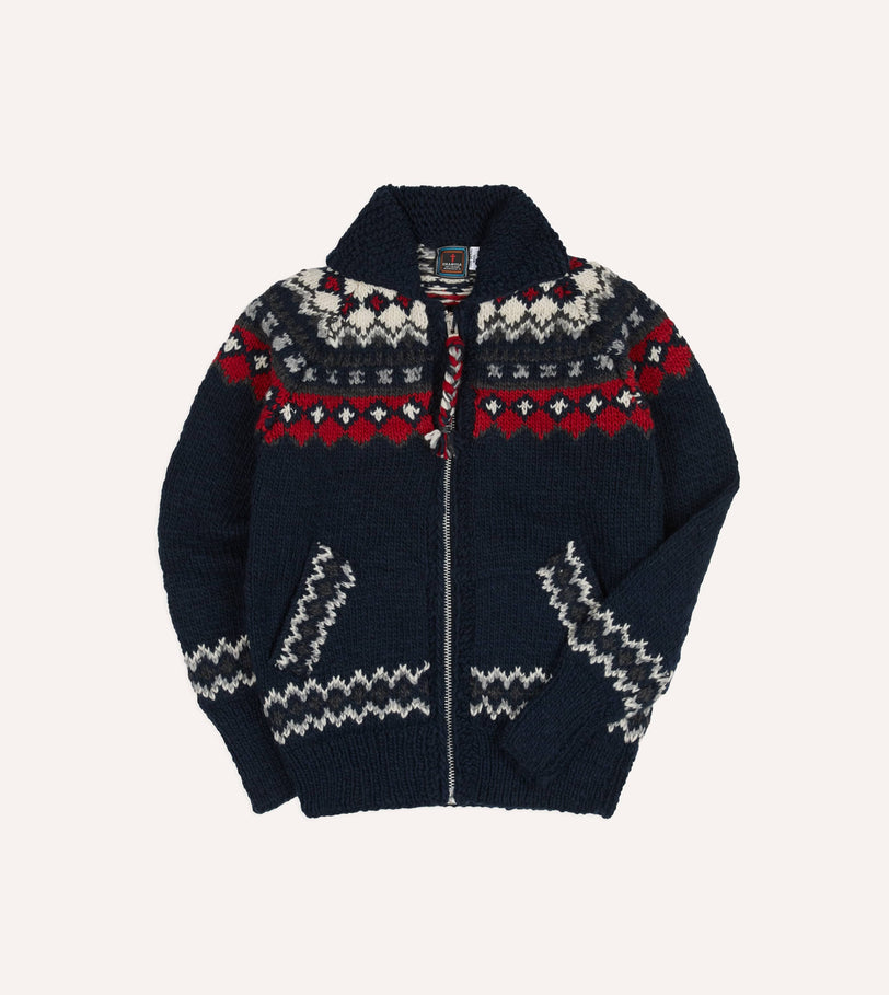 Chamula Navy and Red Fairisle Shawl Collar Cardigan