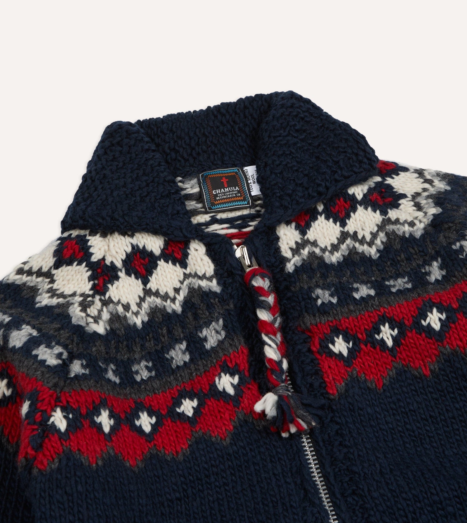 Chamula Navy and Red Fairisle Shawl Collar Cardigan