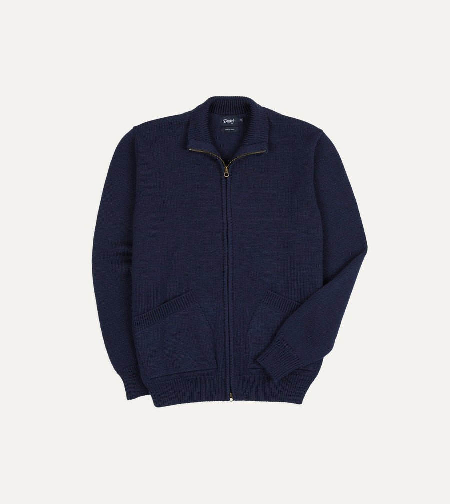 Navy Wool Zip-Through Cardigan