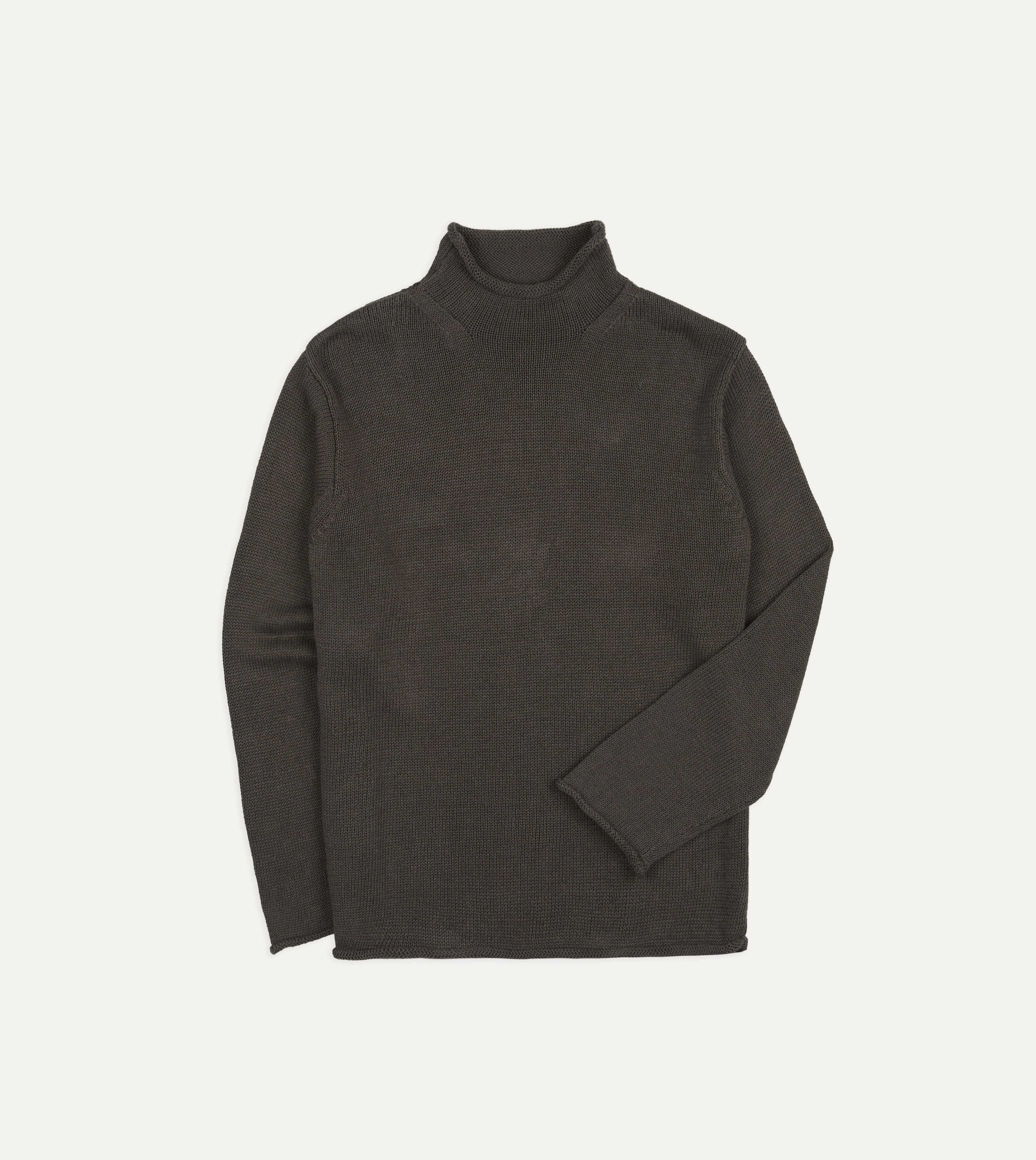 Brown Linen-Cotton Mock Neck Jumper