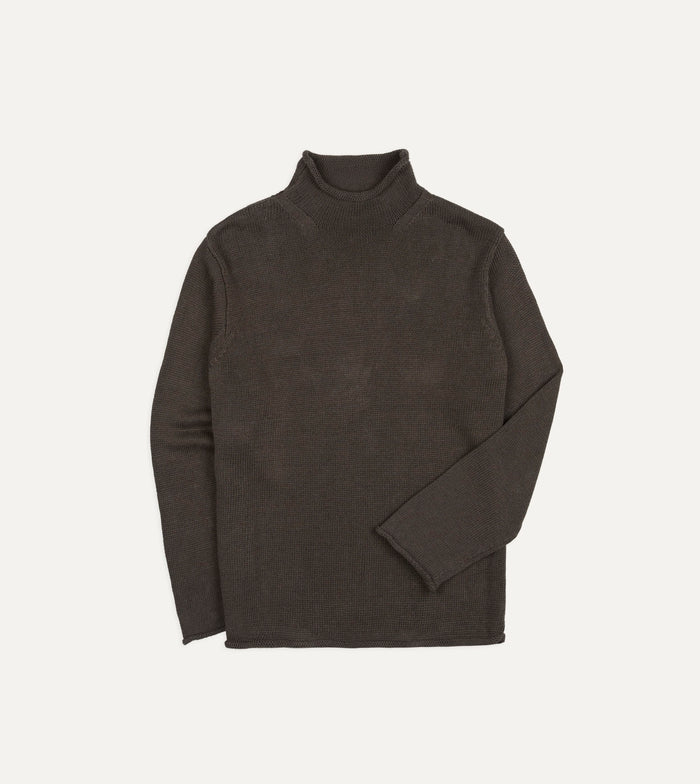 Brown Linen-Cotton Mock Neck Jumper