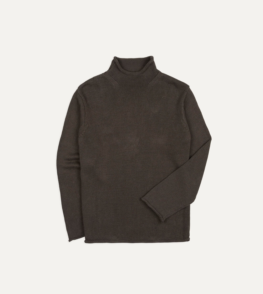 Brown Linen-Cotton Mock Neck Jumper