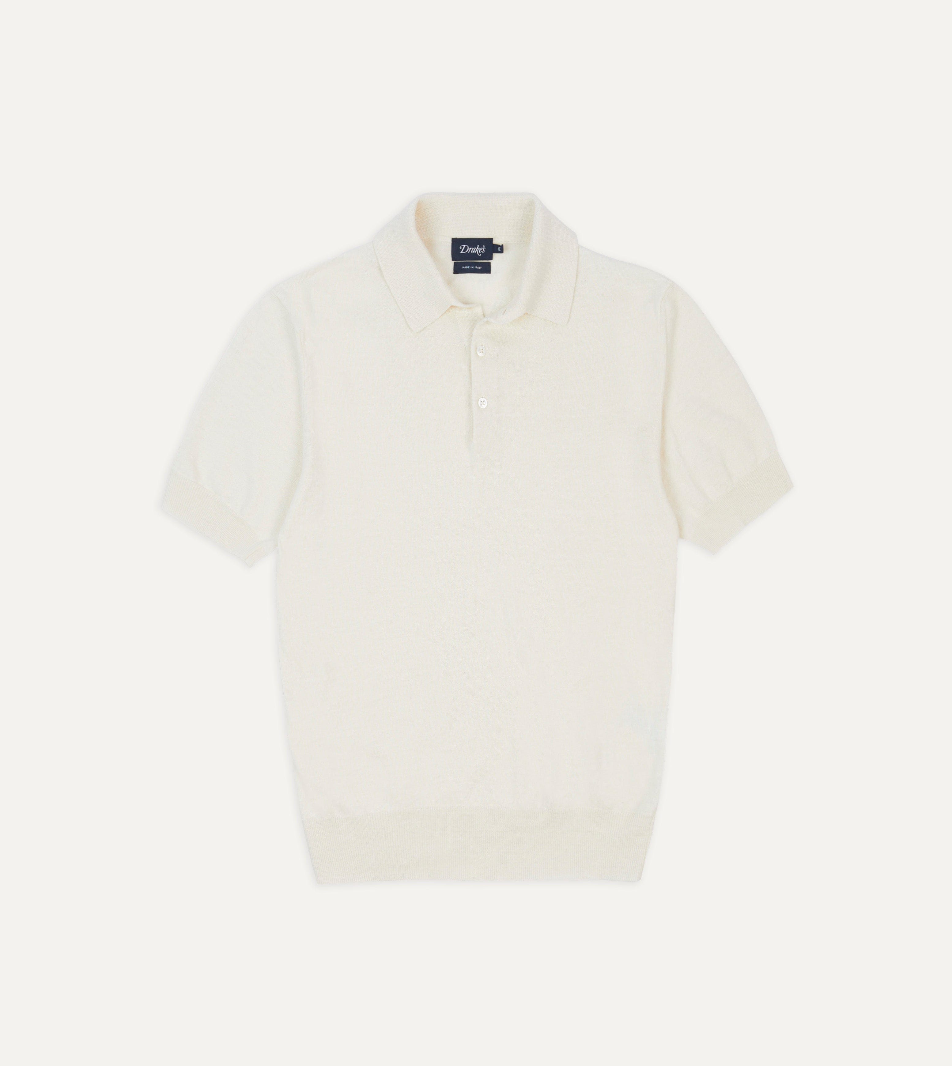 Ecru Knitted Crepe Cotton Short-Sleeve Polo Shirt