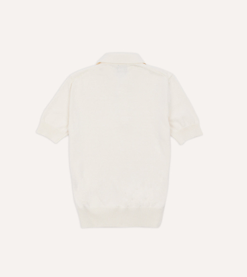 Ecru Knitted Crepe Cotton Short-Sleeve Polo Shirt