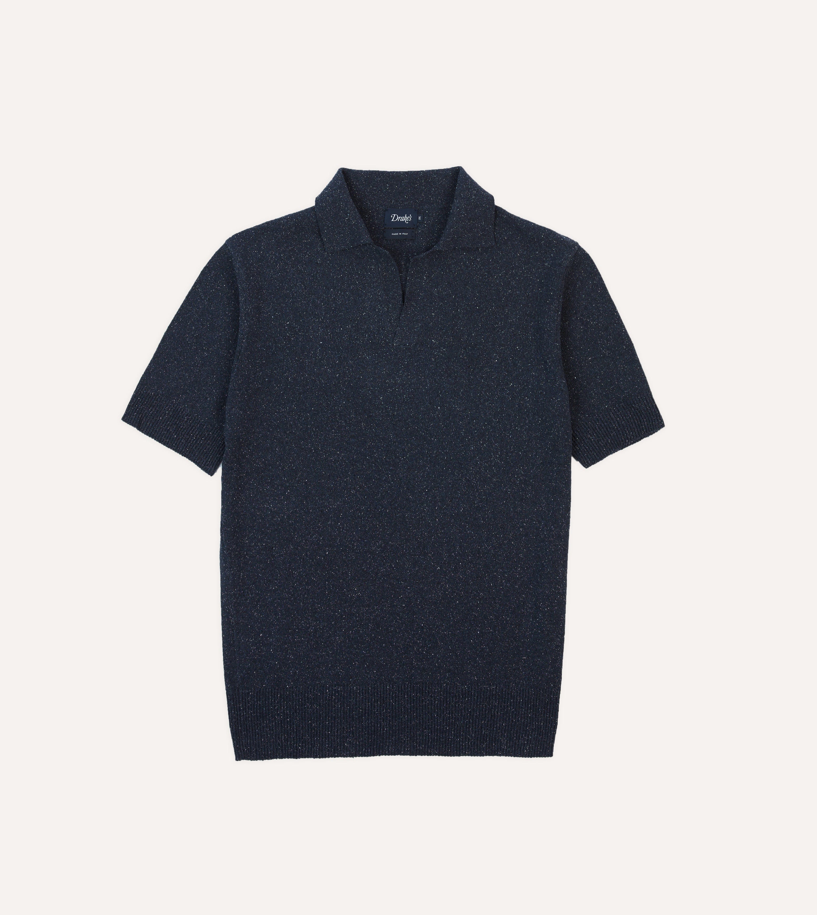 Navy Knitted Silk Short-Sleeve Polo Shirt