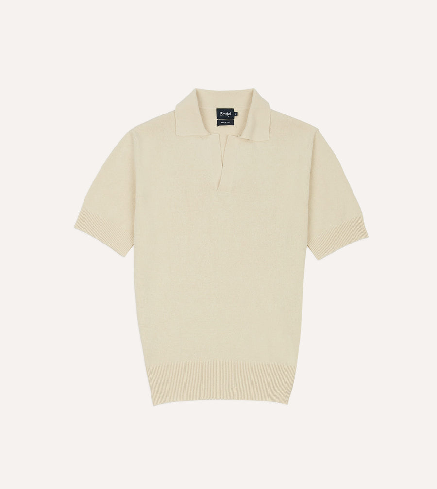 Ecru Knitted Silk Short-Sleeve Polo Shirt