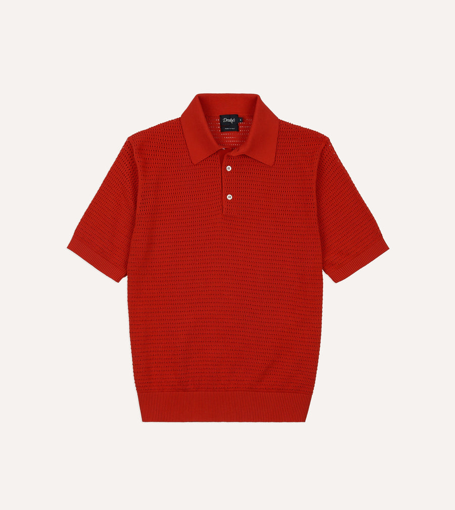 Red Waffle Knit Cotton Short-Sleeve Polo Shirt