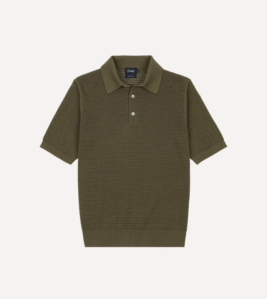 Olive Waffle Knit Cotton Short-Sleeve Polo Shirt