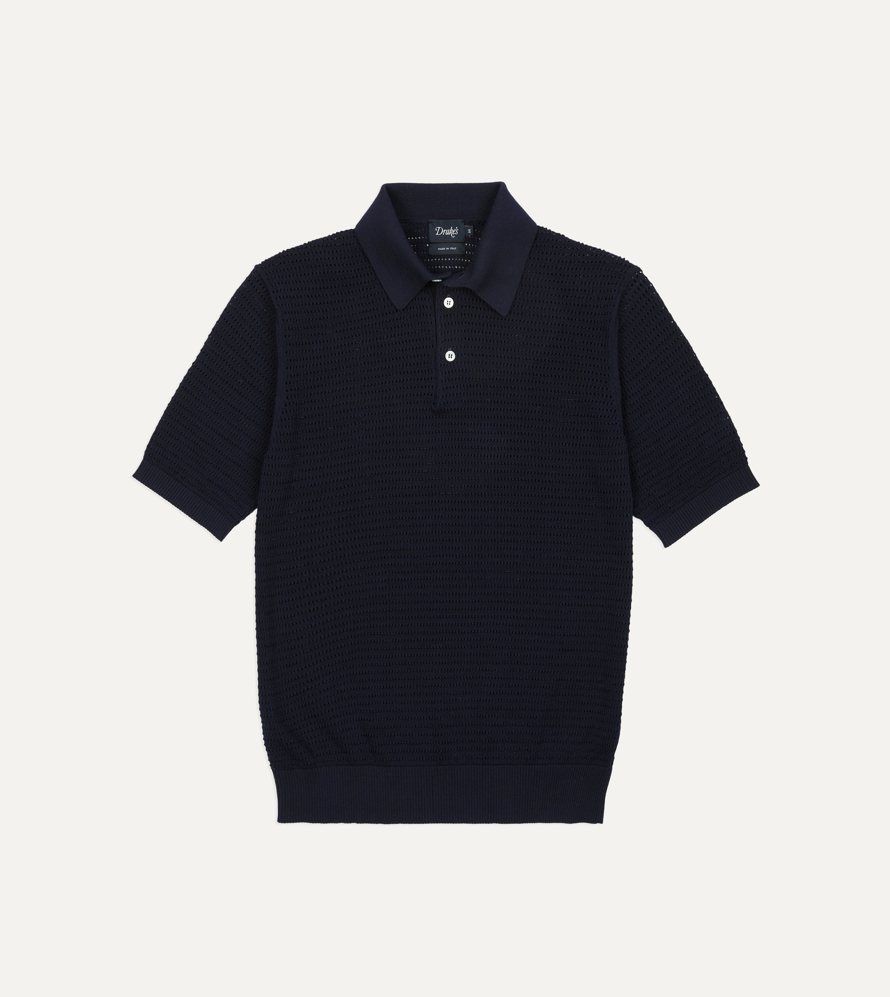 Navy Waffle Knit Cotton Short-Sleeve Polo Shirt