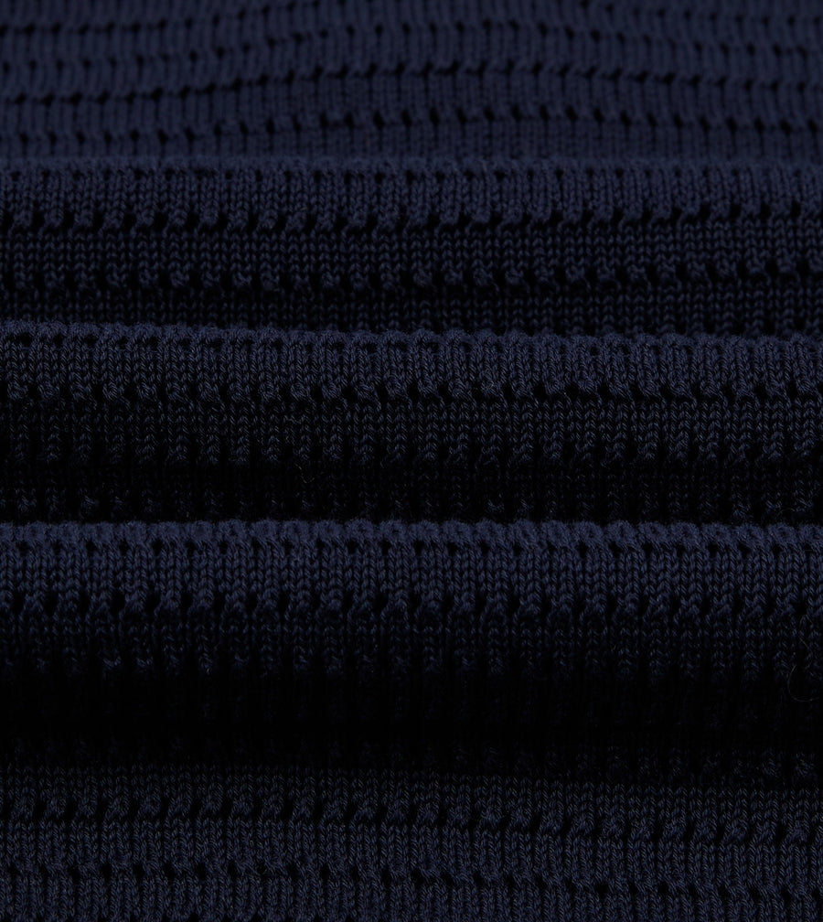 Navy Waffle Knit Cotton Short-Sleeve Polo Shirt