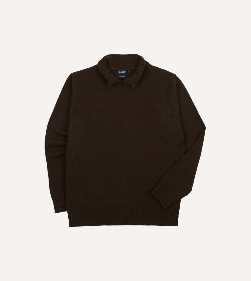 Brown Alpaca Lambswool Ribbed Integral Collar Jumper