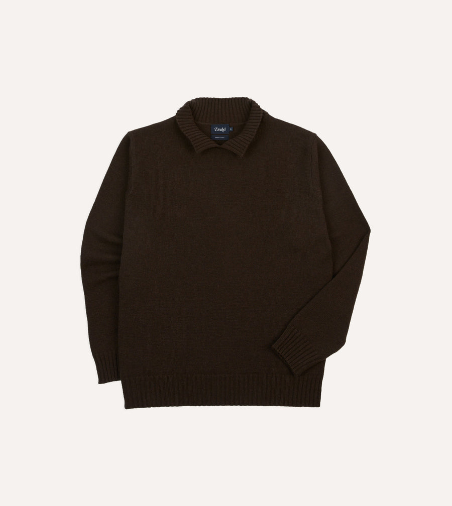 Brown Alpaca Lambswool Ribbed Integral Collar Jumper