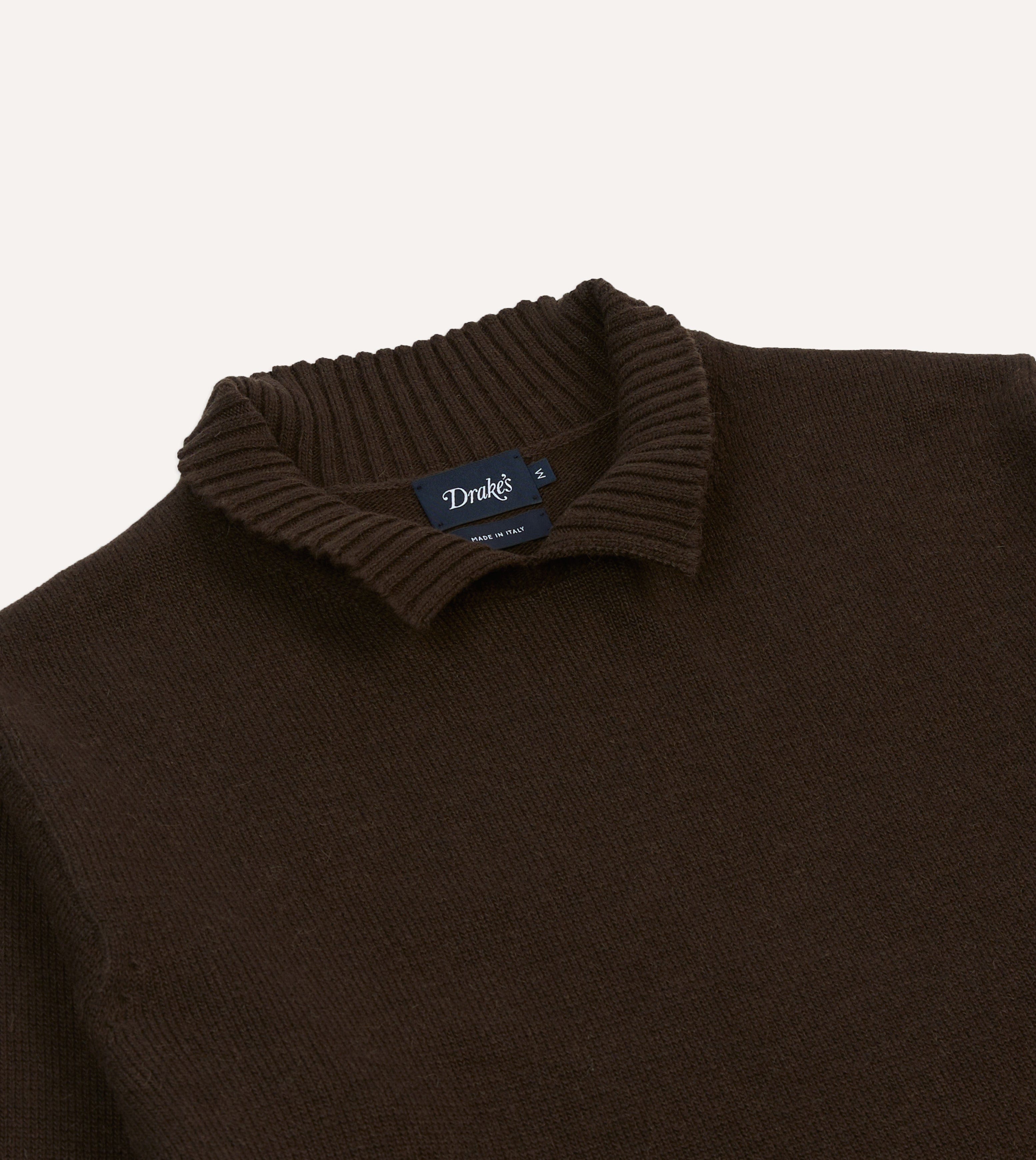 Brown Alpaca Lambswool Ribbed Integral Collar Jumper – Drakes