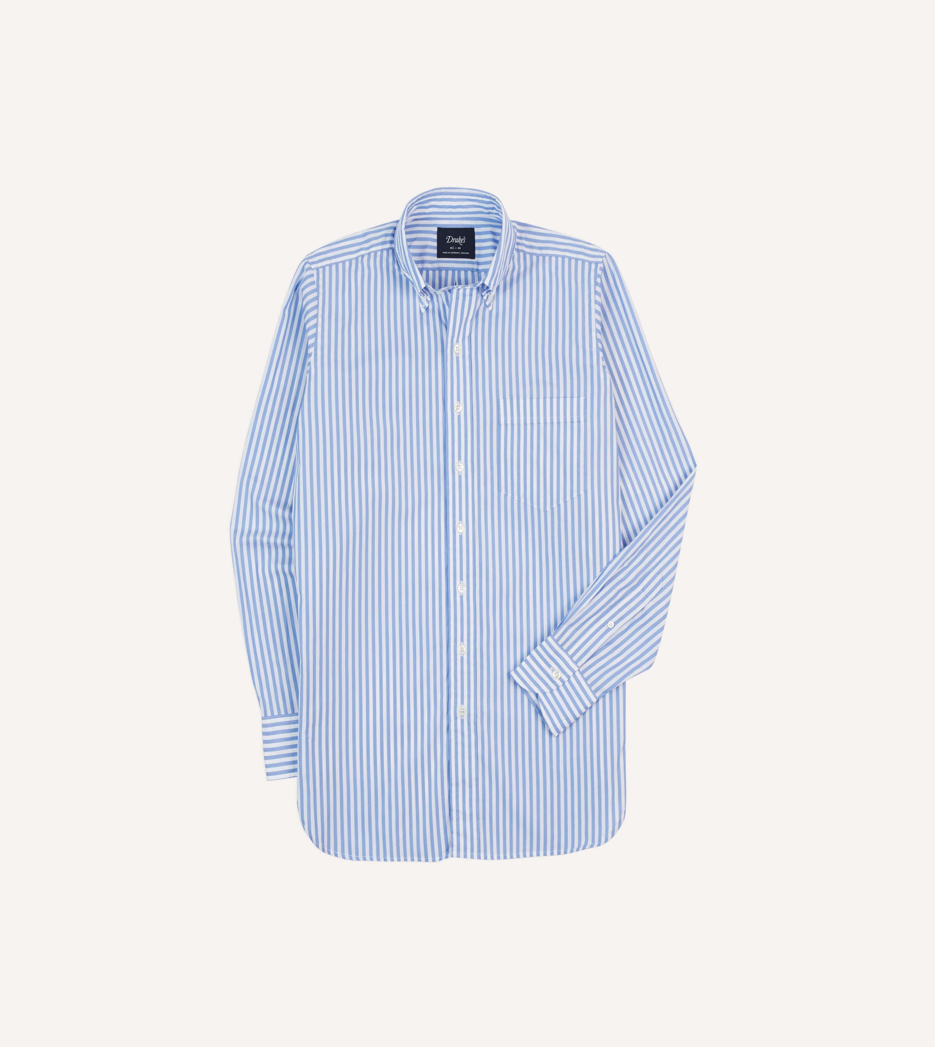 A blue and white bengal stripe poplin button-down shirt, shown flat.