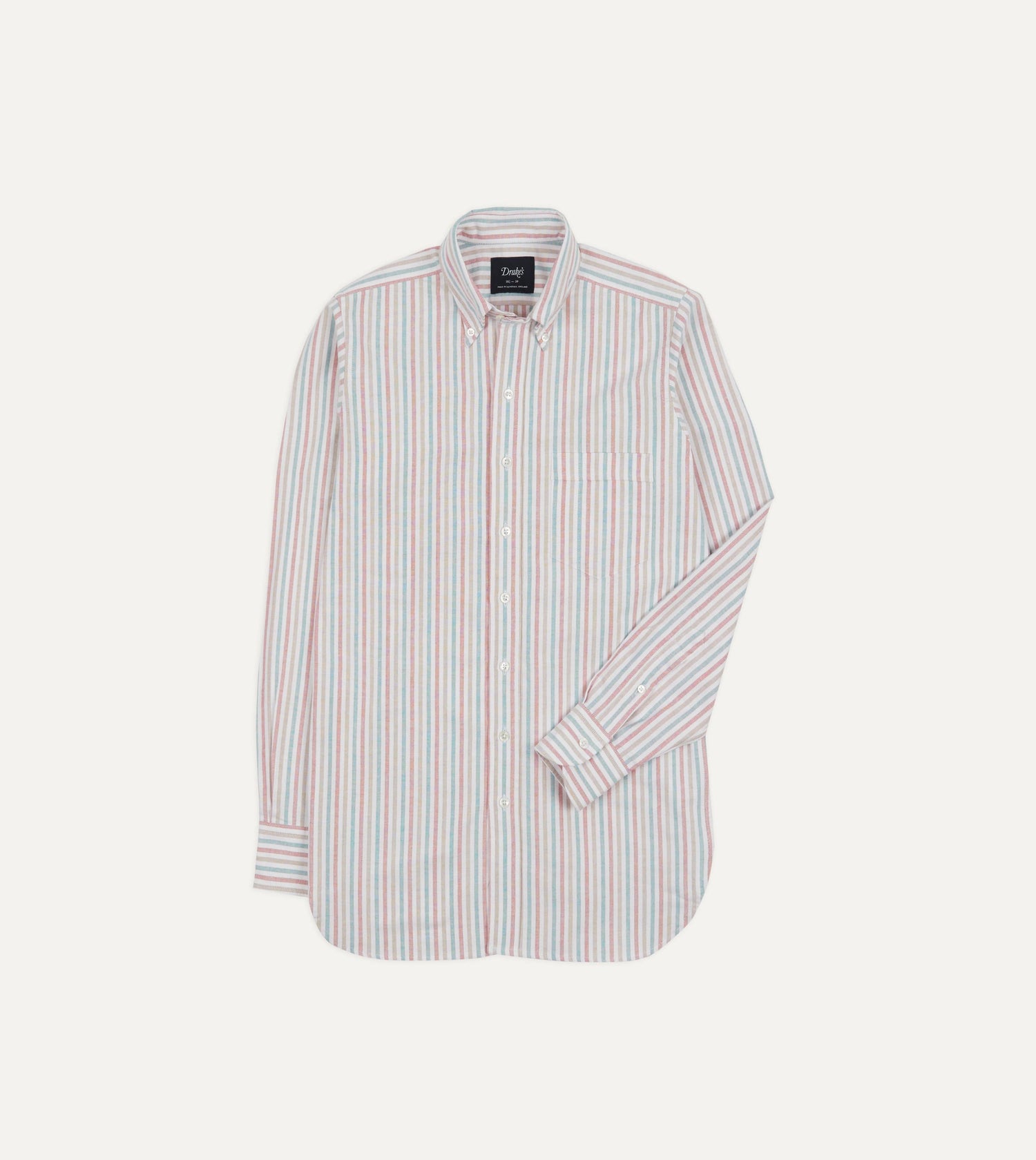 Red, Beige and Blue Triple Stripe Cotton Oxford Cloth Button-Down Shirt