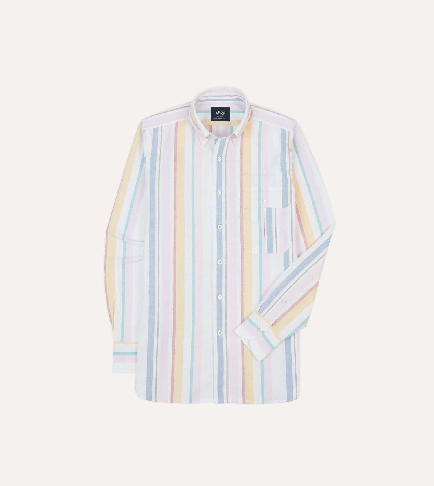 Yellow, Pink and Blue Stripe Cotton Oxford Cloth Button-Down Shirt