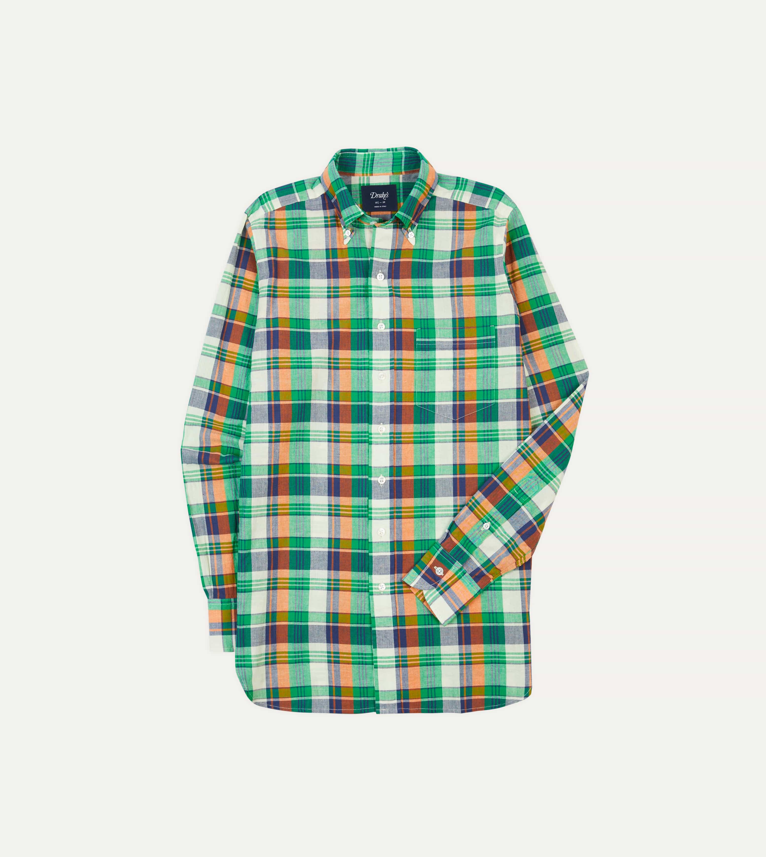 Green and Orange Madras Check Cotton Button-Down Shirt