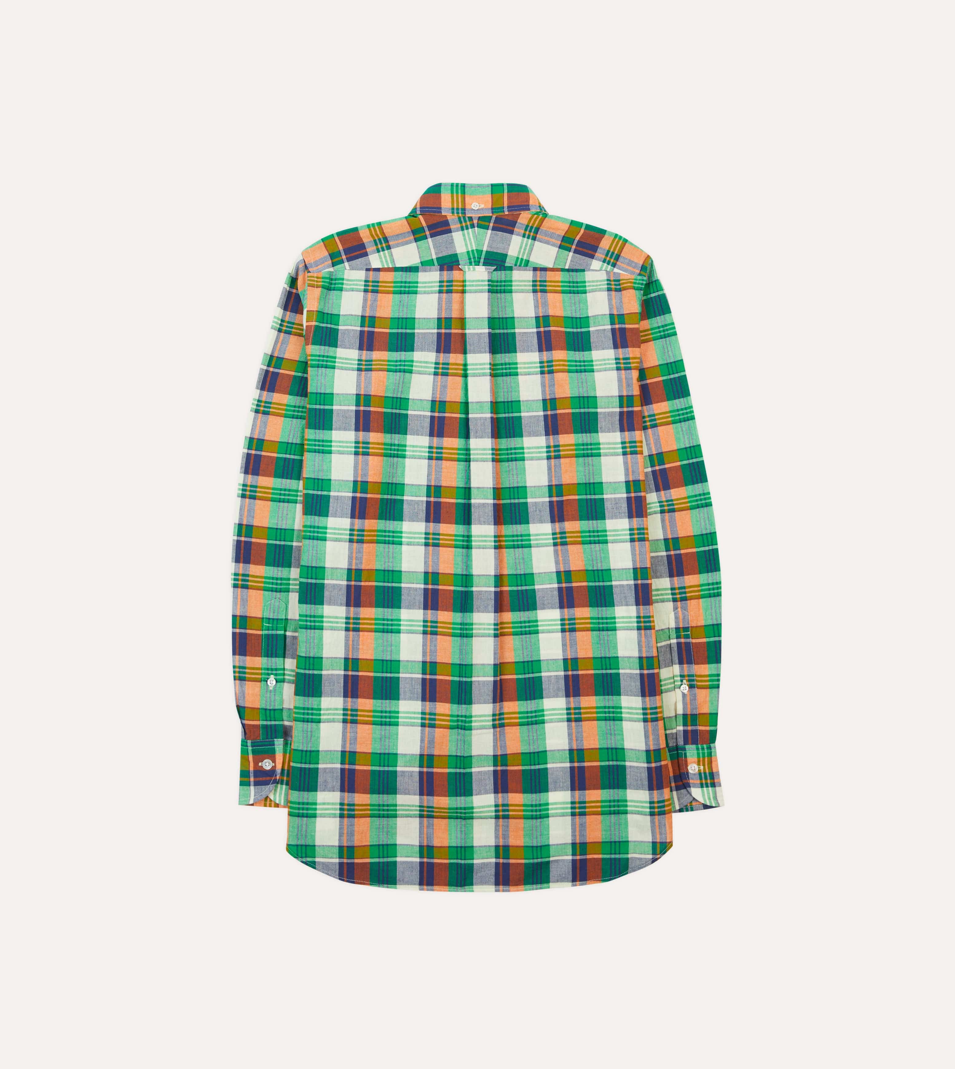 Green and Orange Madras Check Cotton Button-Down Shirt