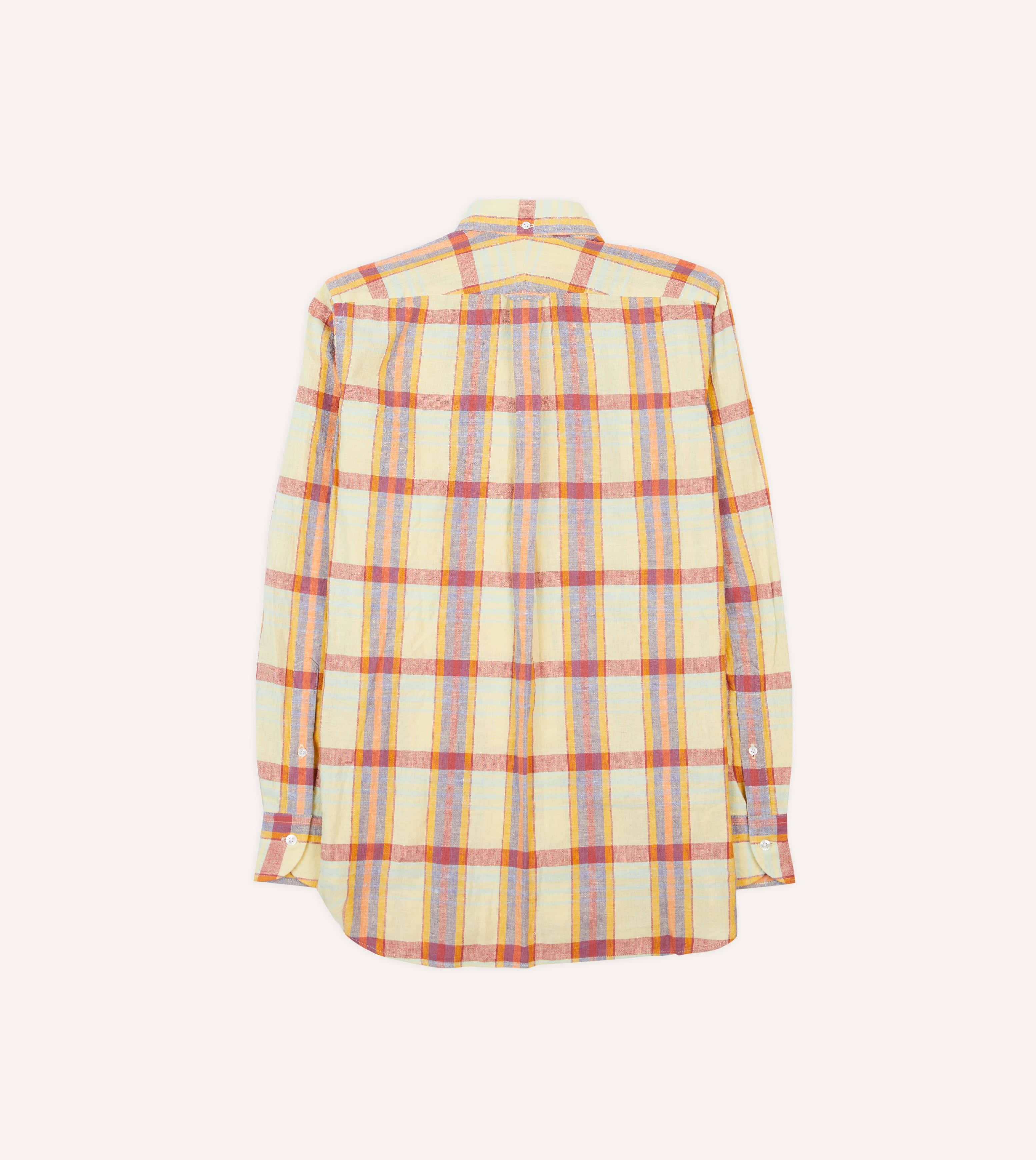 Yellow and Red Madras Check Cotton-Linen Button-Down Shirt