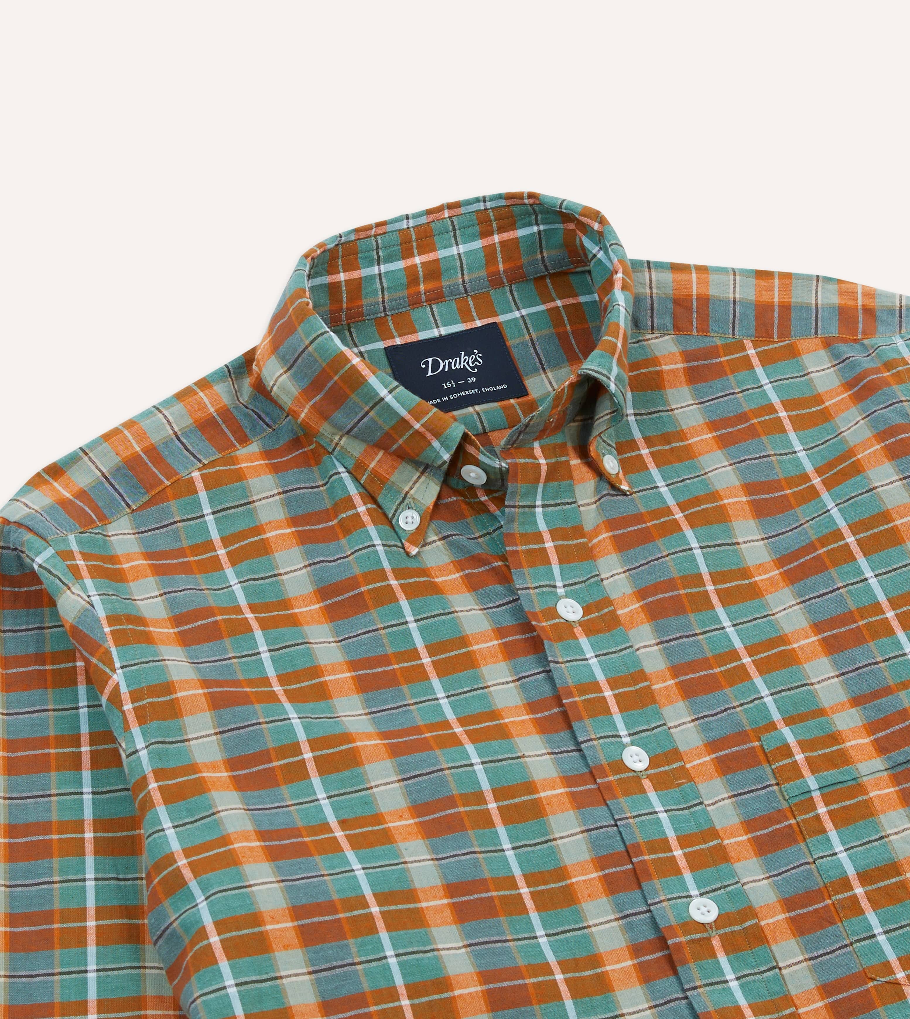Orange and Blue Madras Check Cotton Button-Down Shirt – Drakes