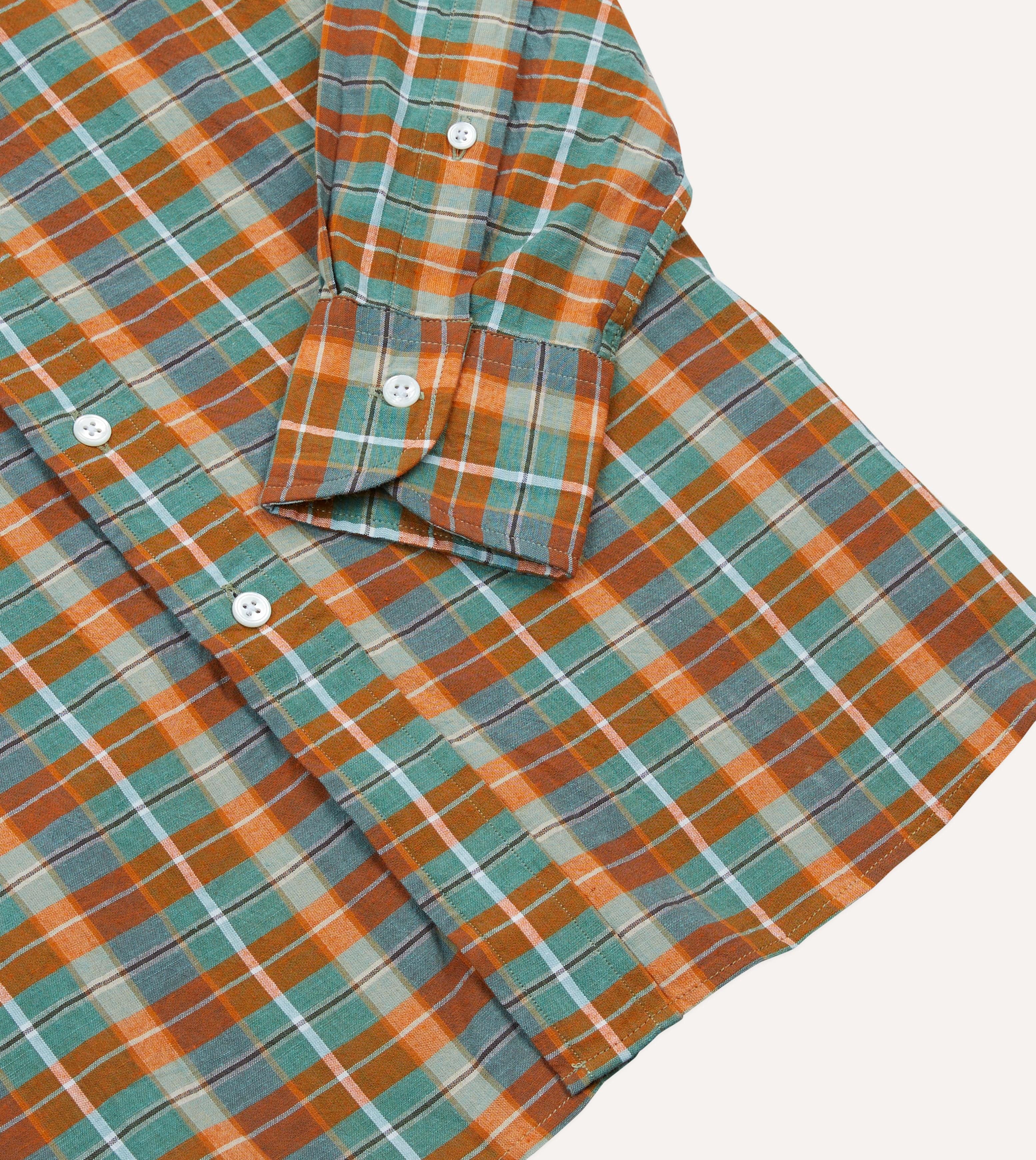 Orange and Blue Madras Check Cotton Button-Down Shirt – Drakes