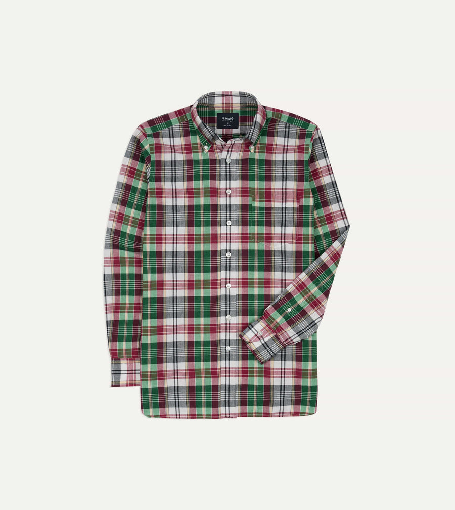 Green and Burgundy Madras Check Cotton Button-Down Shirt
