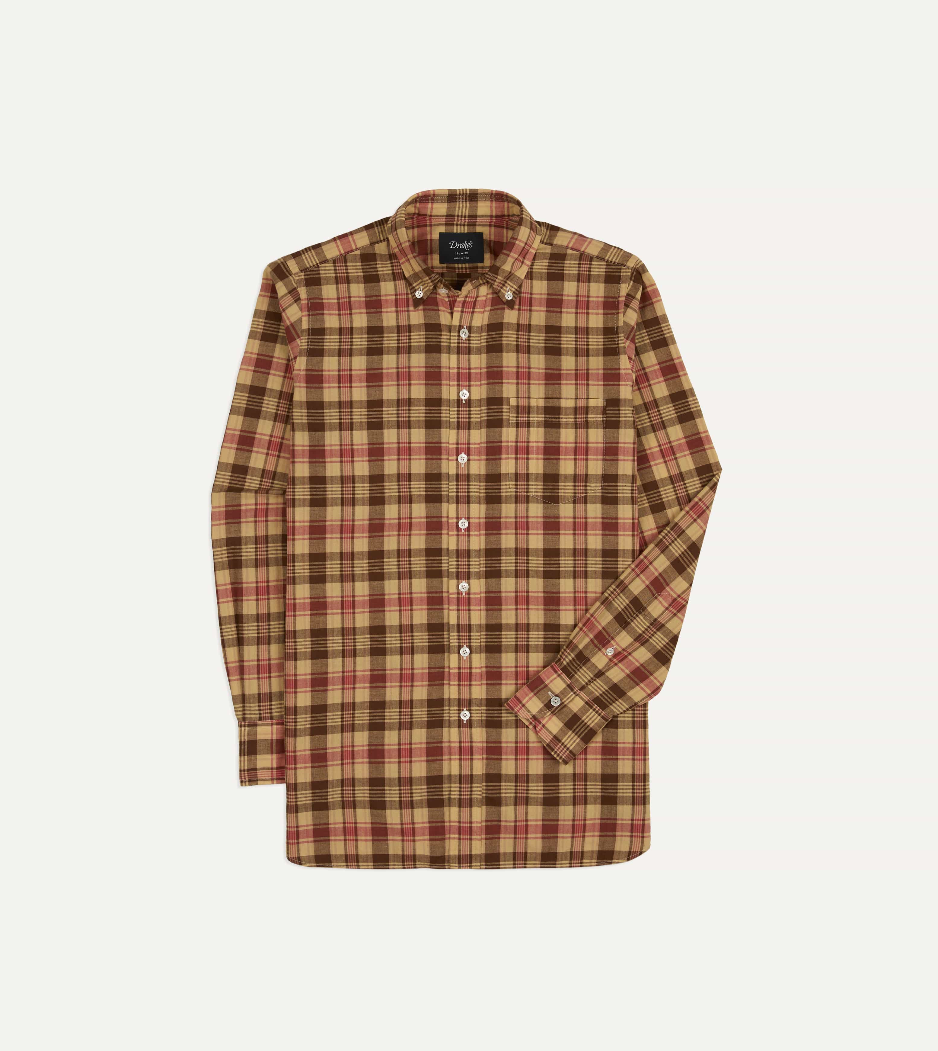 Red and Brown Madras Check Cotton Button-Down Shirt