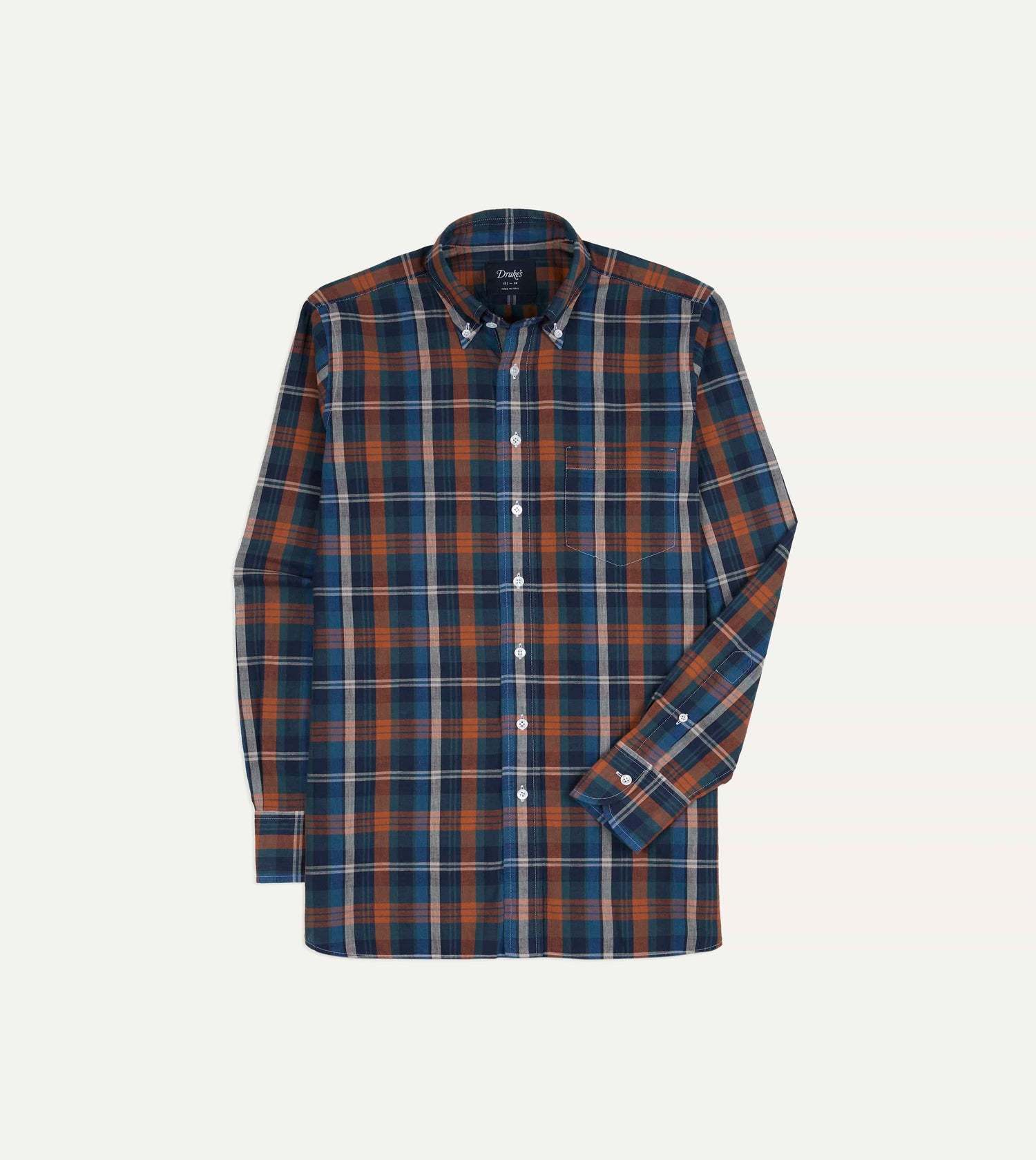 Navy and Rust Check Cotton Button-Down Shirt