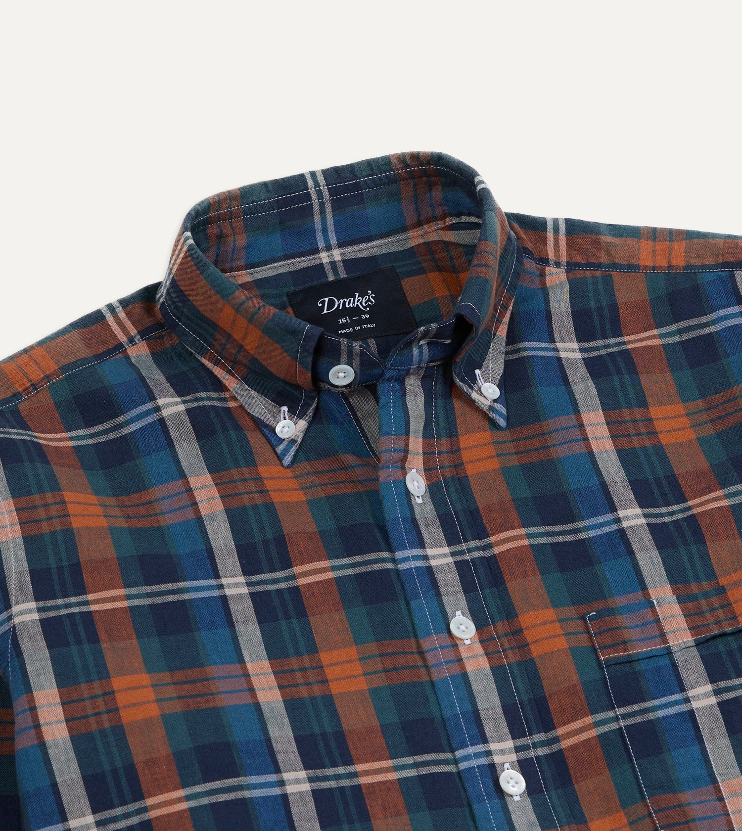 Navy and Rust Check Cotton Button-Down Shirt