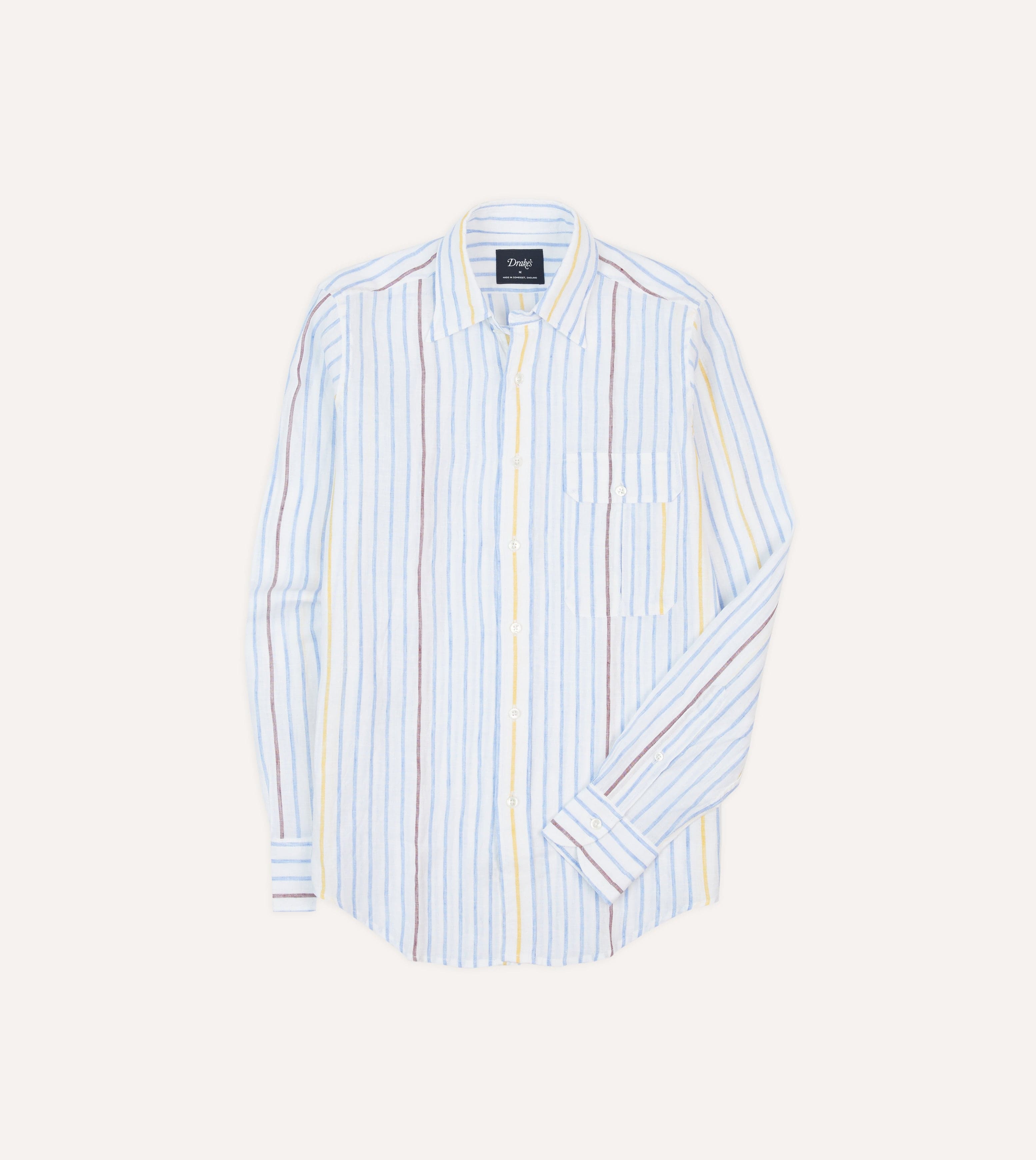 Blue, White and Yellow Stripe Linen Long Point Collar Shirt