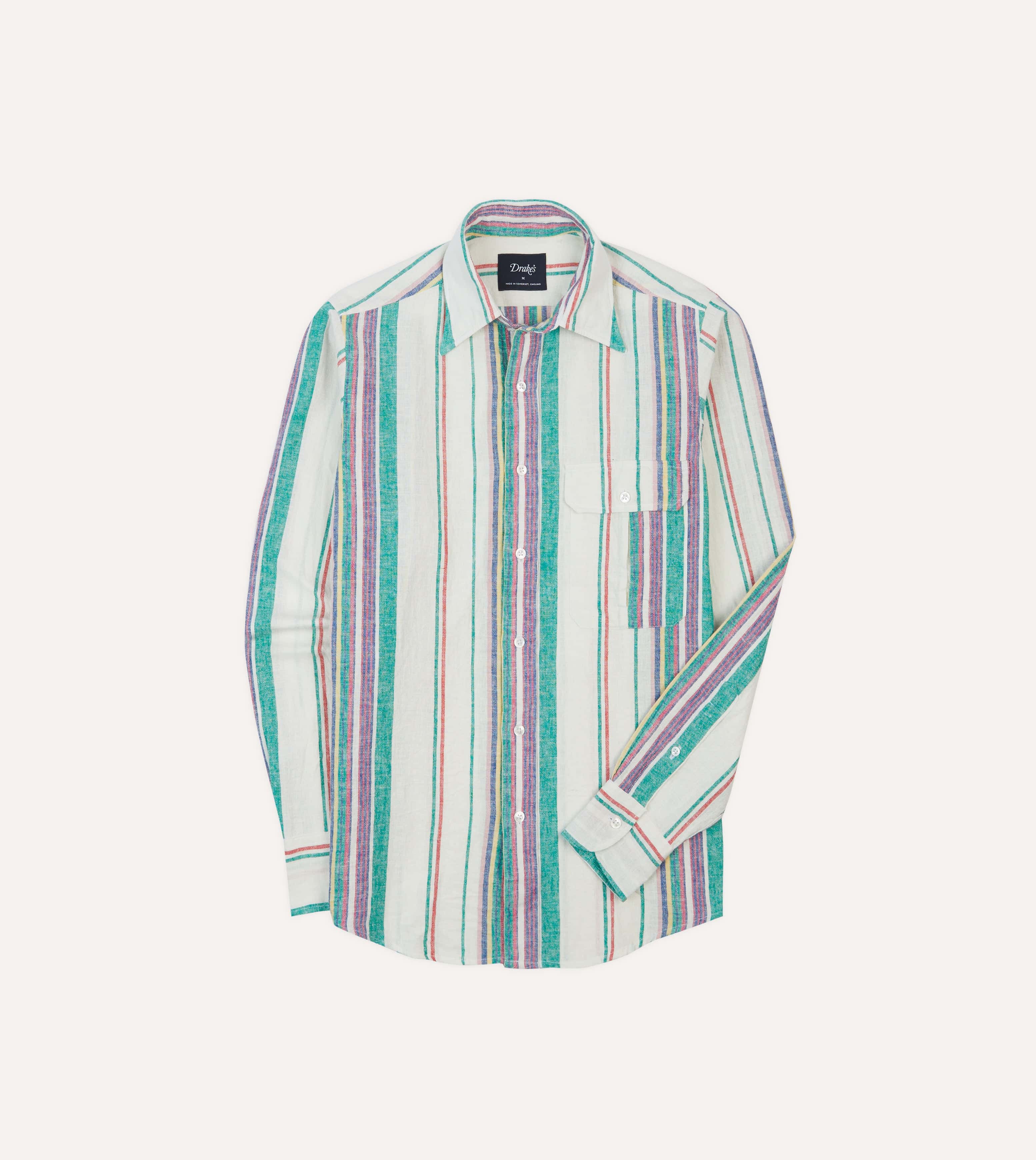 Ecru, Purple and Green Stripe Linen-Cotton Long Point Collar Shirt