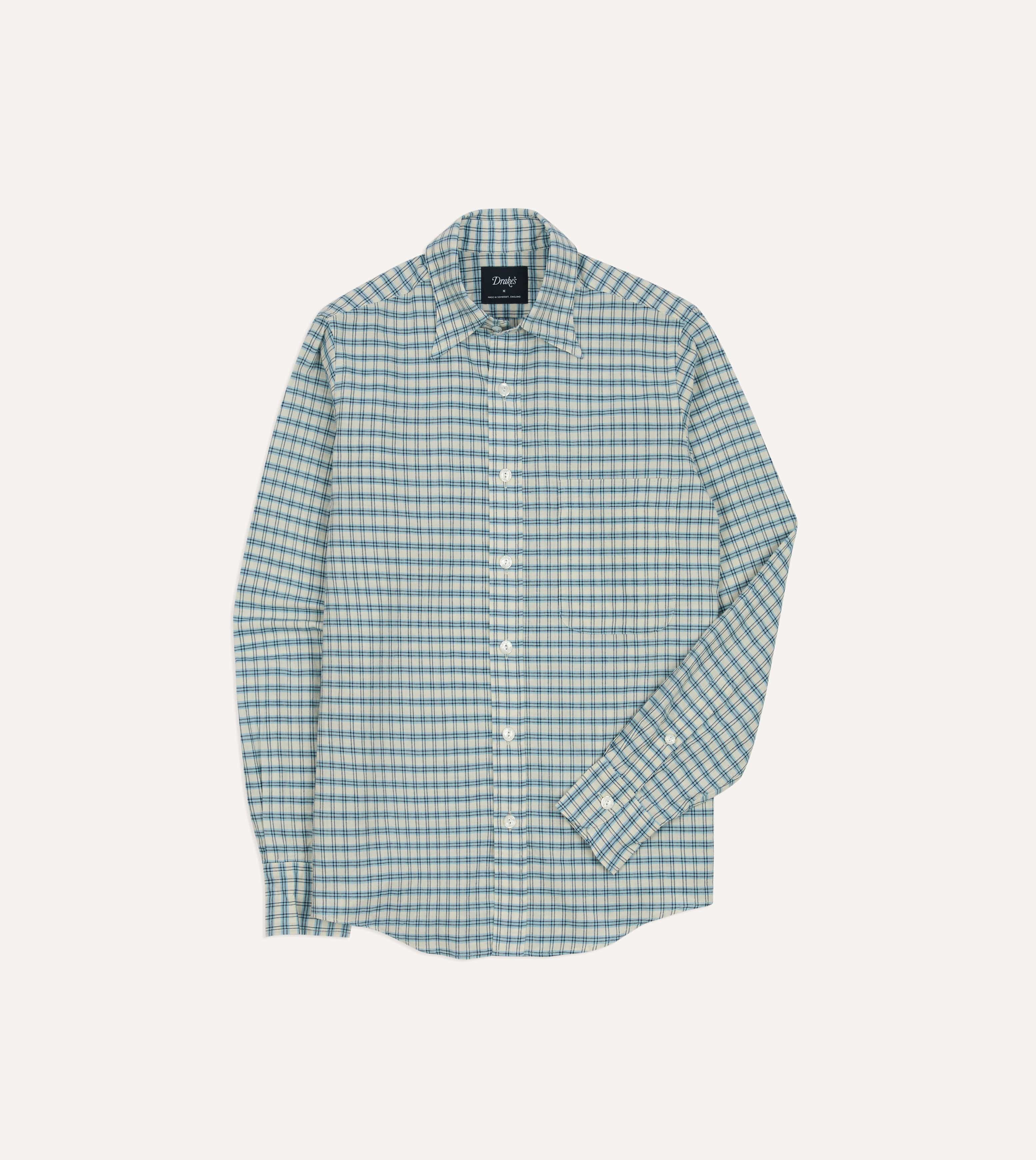 Blue and White Madras Check Cotton Long Point Collar Shirt