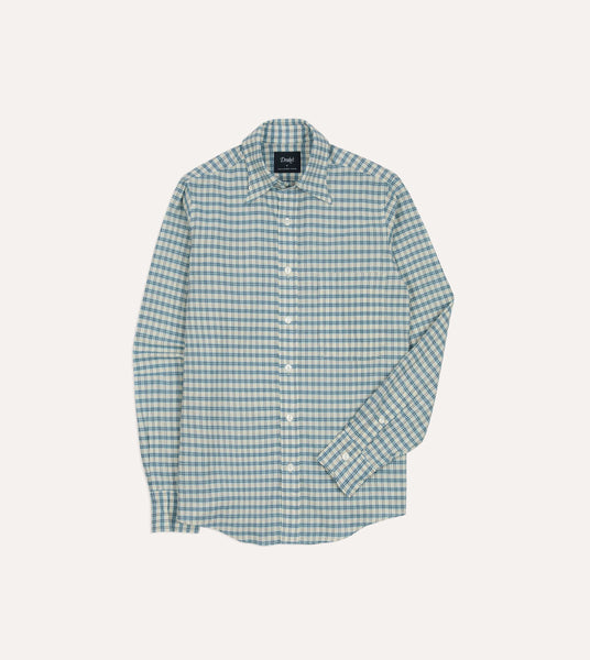 Blue and White Madras Check Cotton Long Point Collar Shirt – Drakes