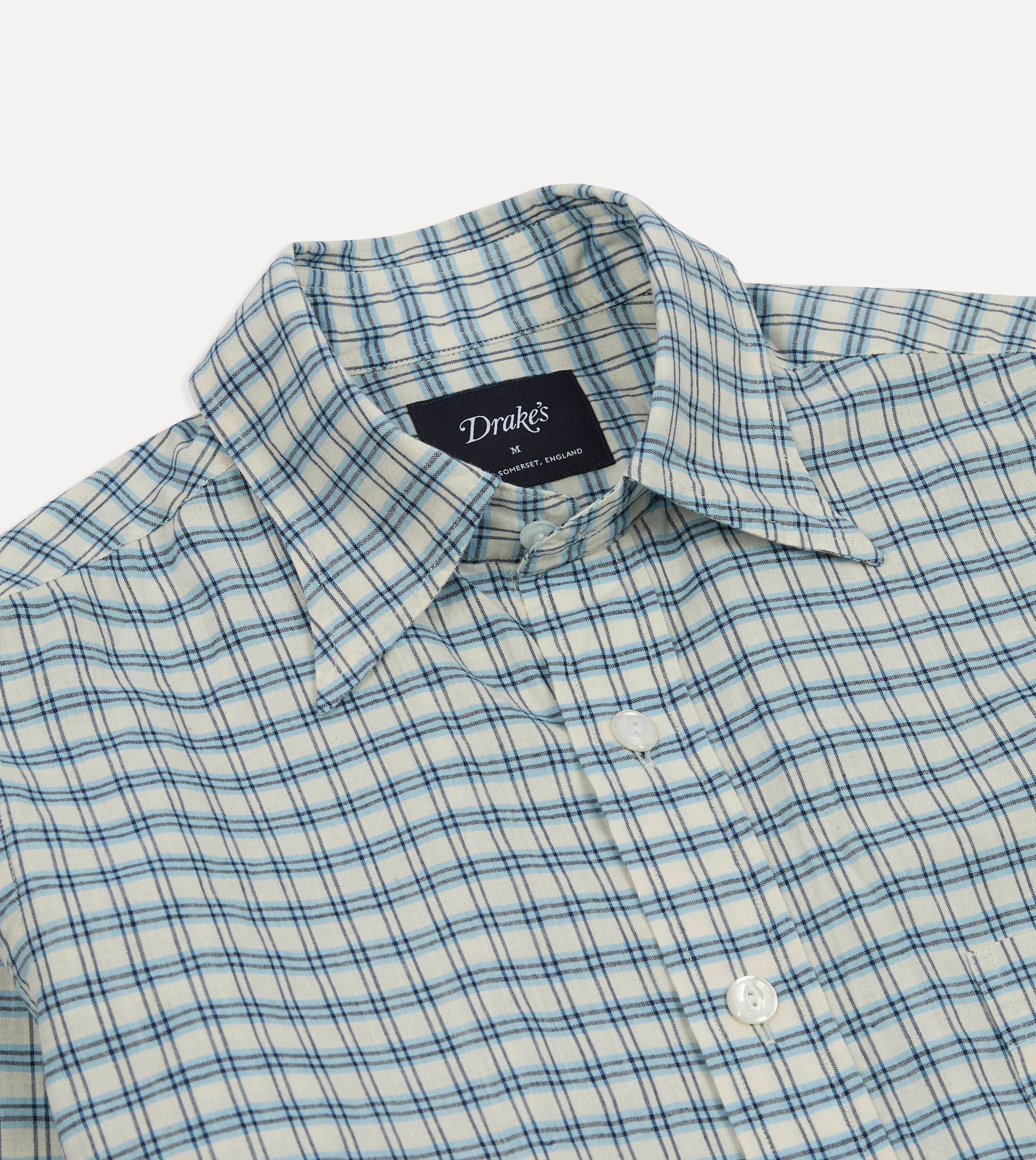 Blue and White Madras Check Cotton Long Point Collar Shirt – Drakes