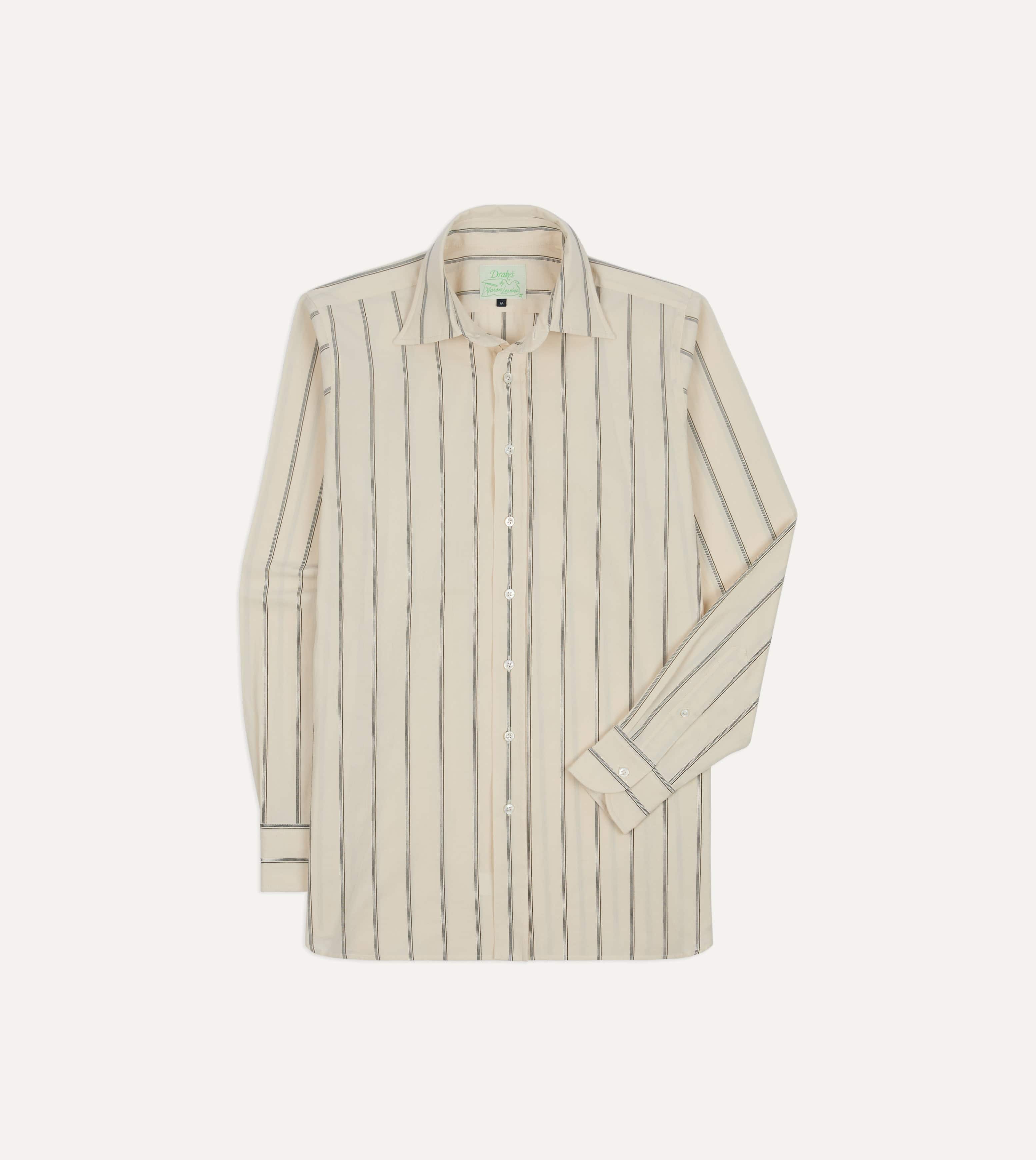 Drake's by A. Levine Ecru Stripe Cotton Long Point Collar Shirt