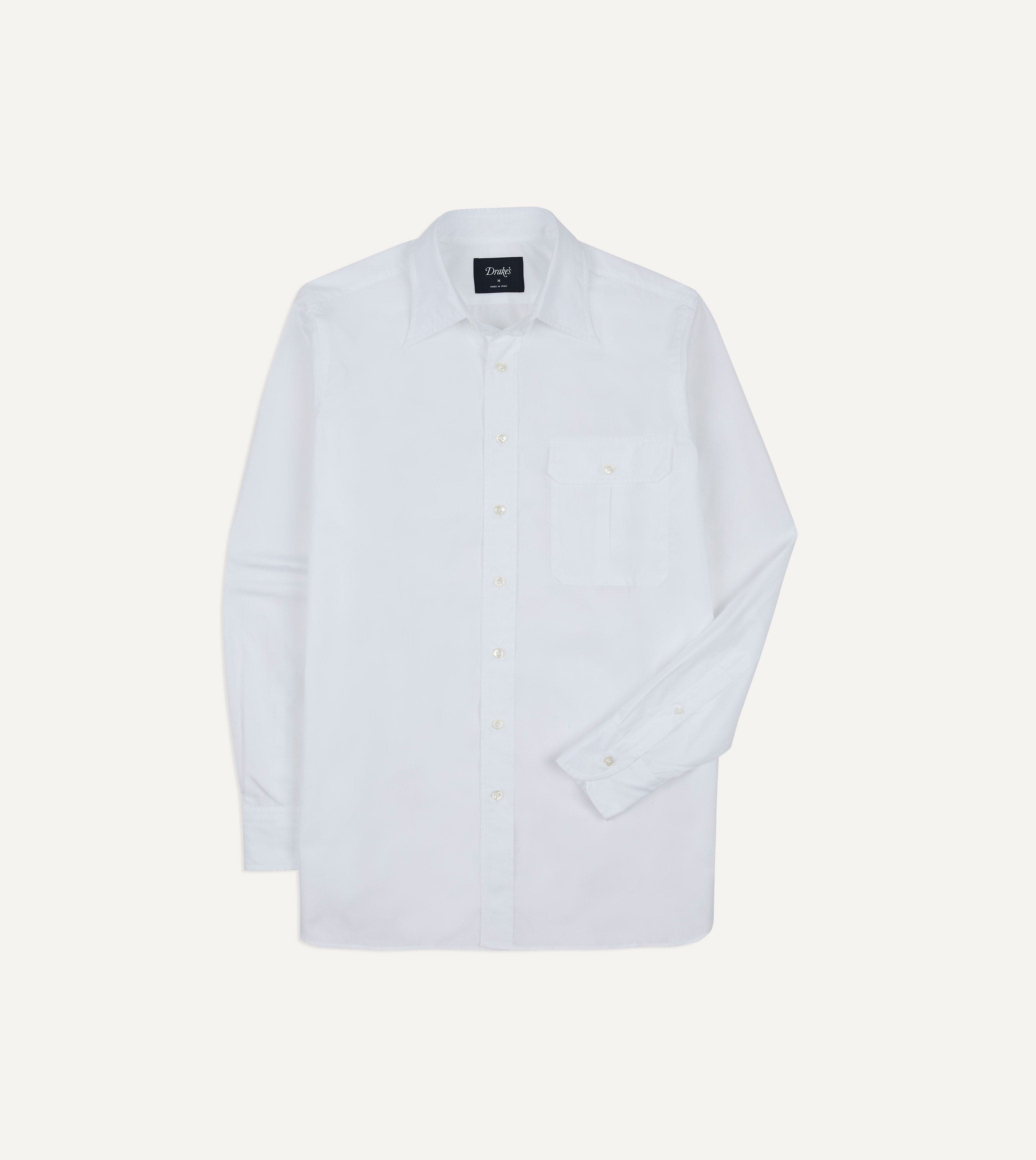 White Long Point Collar Flap Pocket Poplin Shirt
