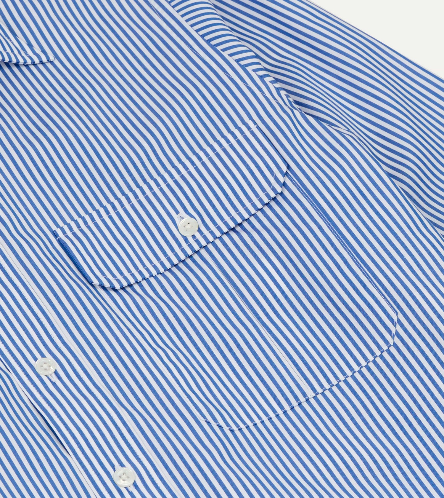 Blue and White Stripe Long Point Collar Flap Pocket Poplin Shirt