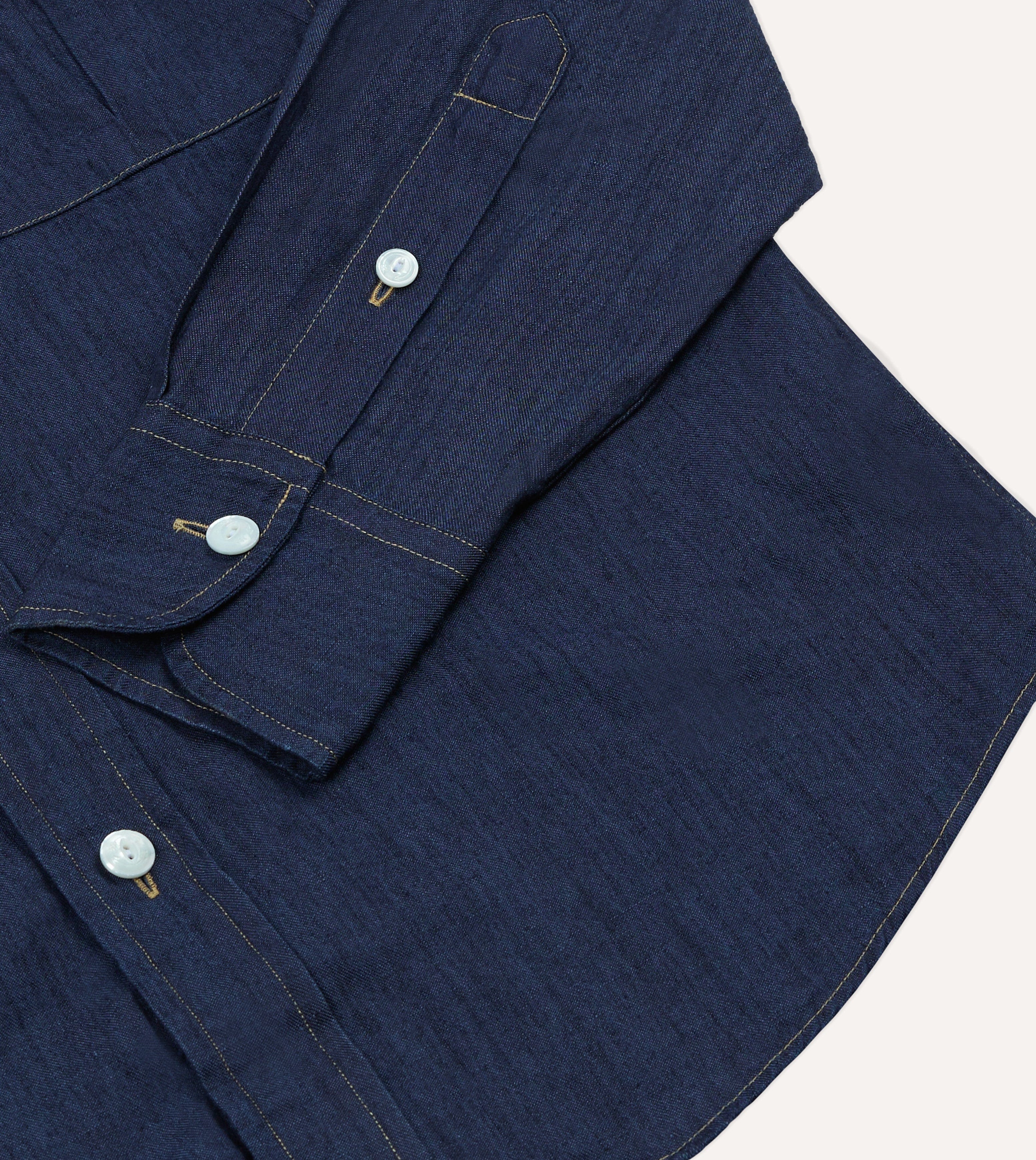 Navy Cotton Linen Two-Pocket Work Shirt – Drakes
