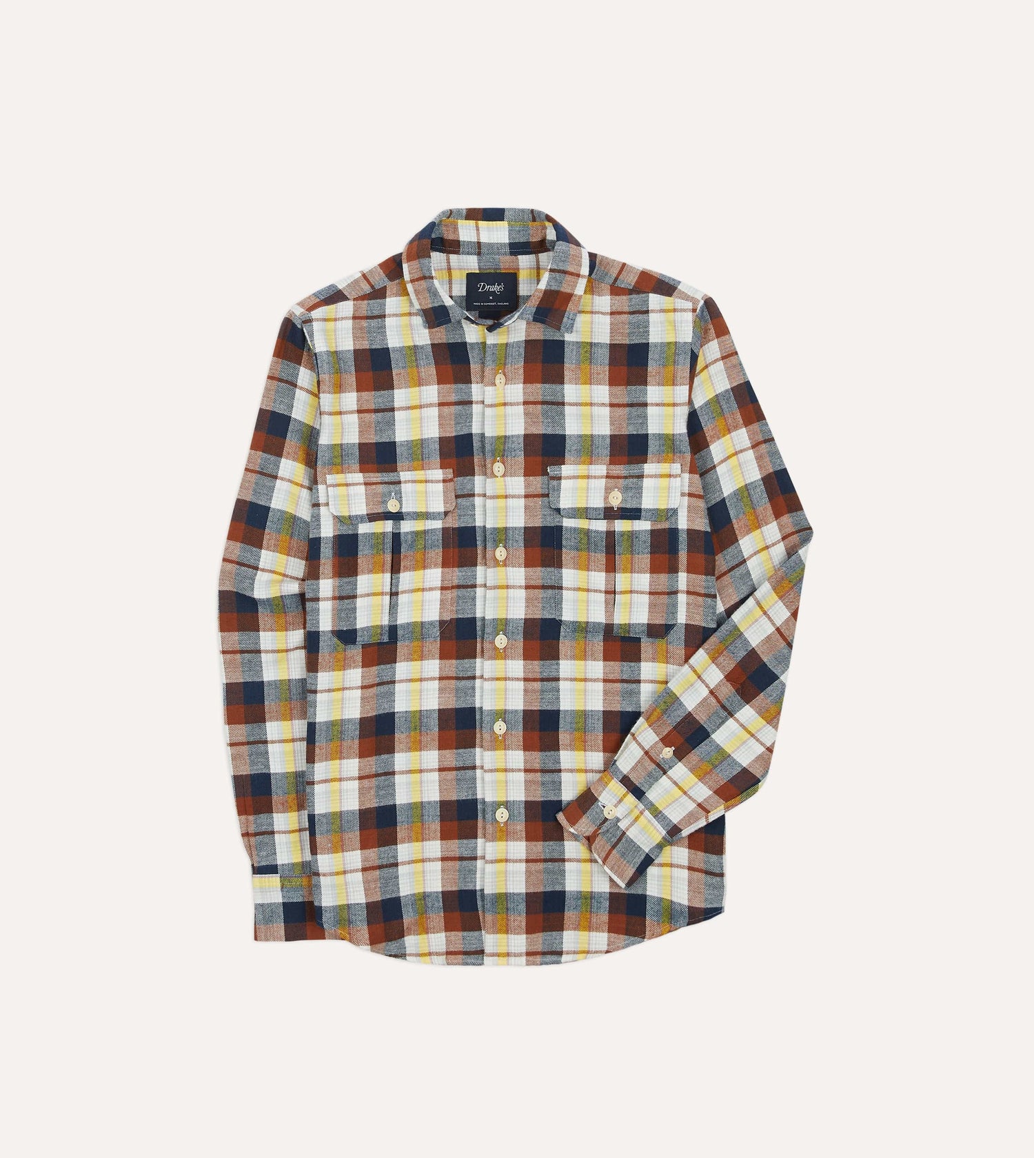 Navy, White and Rust Check Brushed Cotton Two-Pocket Work Shirt