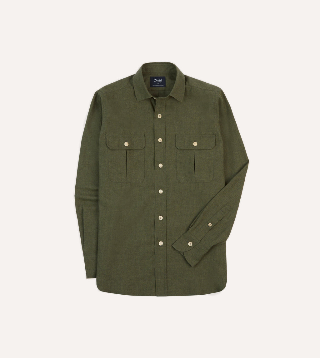 Khaki Green Cotton Flannel Two-Pocket Work Shirt – Drakes