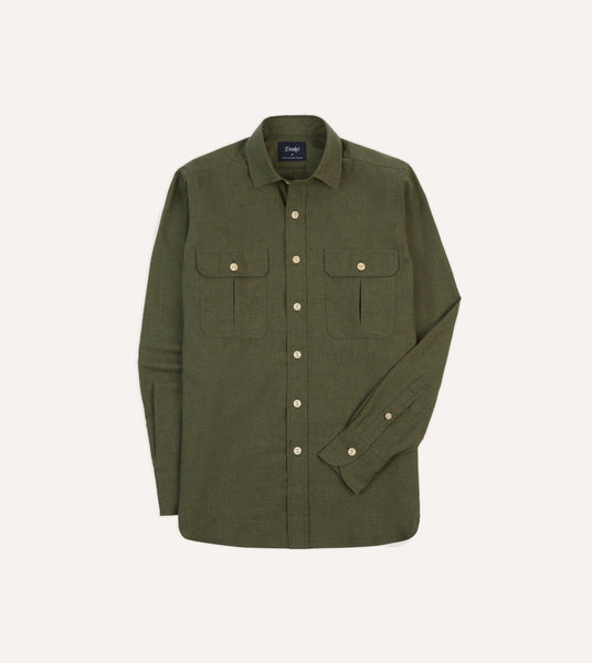 Khaki Green Cotton Flannel Two-Pocket Work Shirt – Drakes