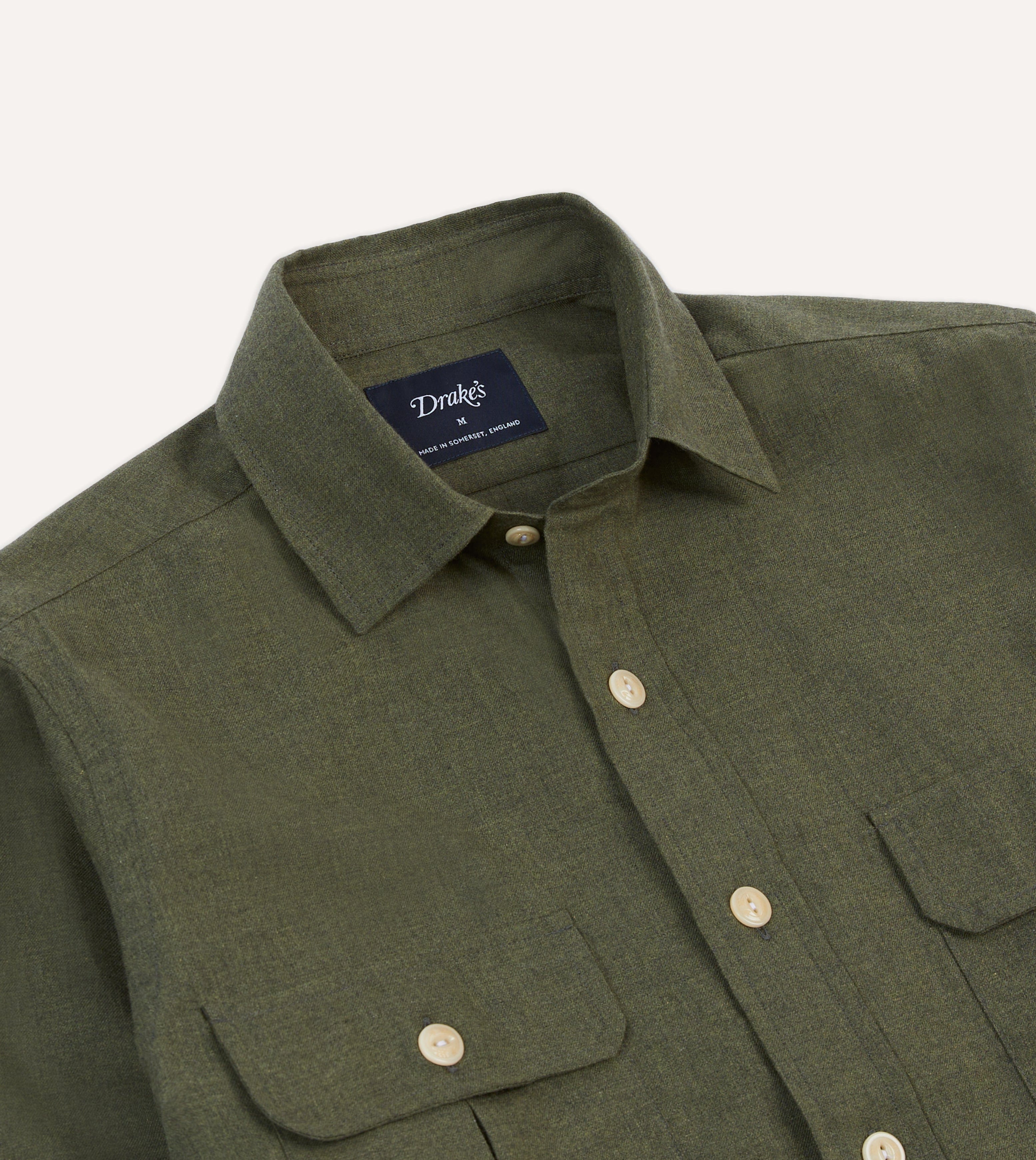 Khaki Green Cotton Flannel Two-Pocket Work Shirt – Drakes