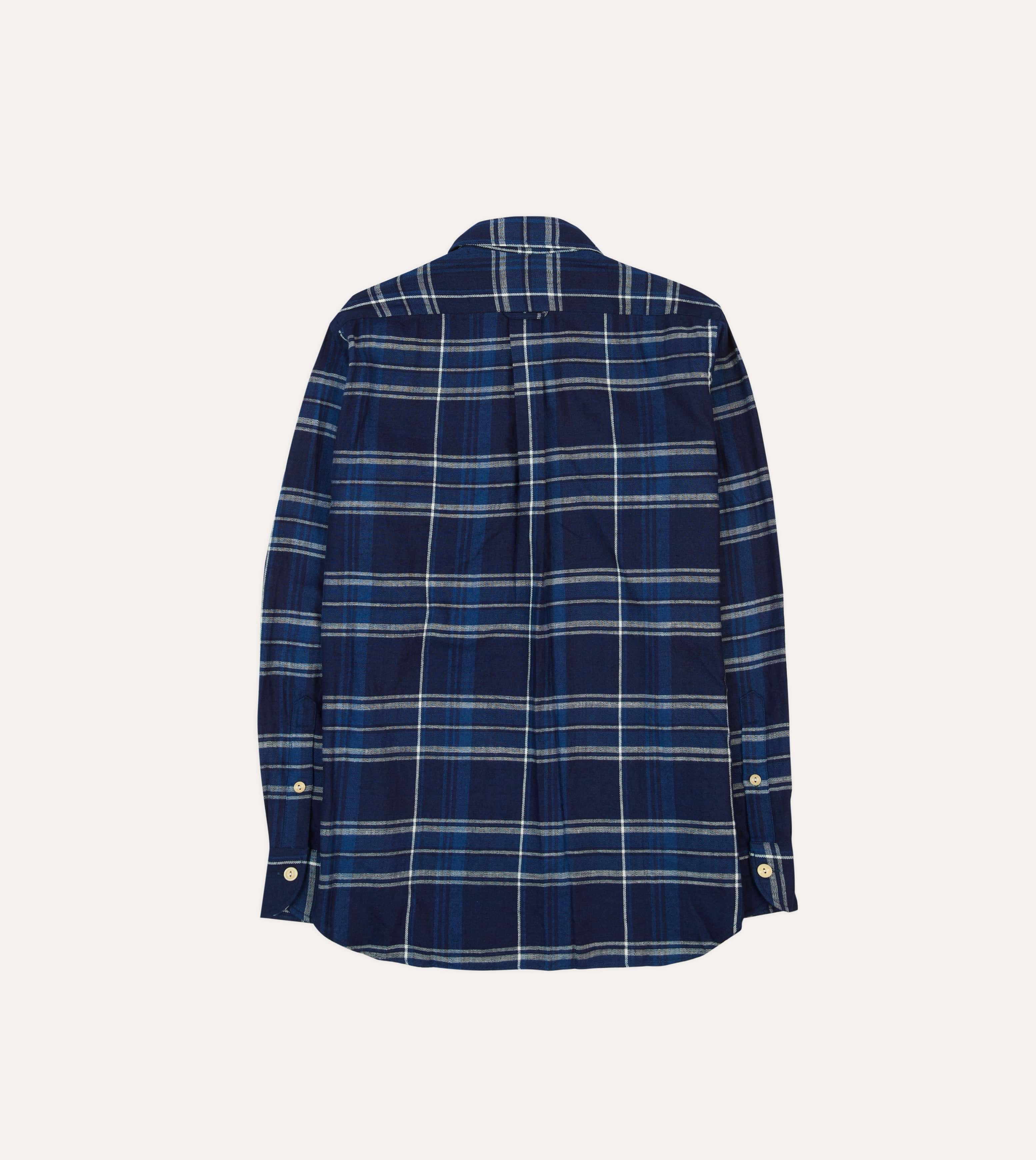 Blue Check Cotton Long Point Collar Work Shirt